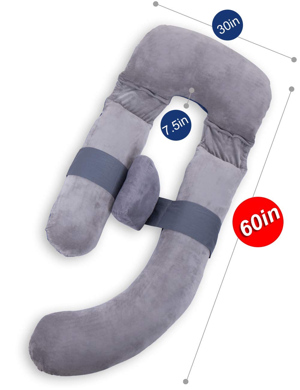 AS AWESLING 60in Full Body Pillow | Nursing, Maternity and Pregnancy Pillow | Extra Large U Shape Pillow with Detachable Side, Separate Support Pillow and Removable Cover (Velvet Blue&Jersey Grey)