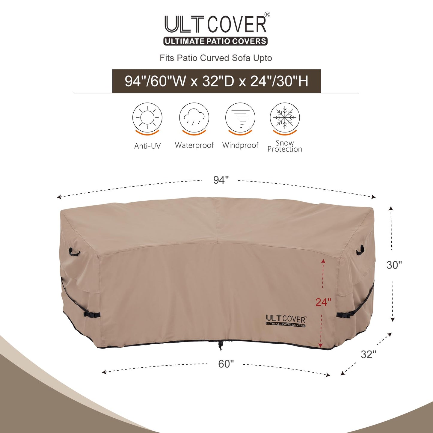 ULTCOVER Patio Curved Sofa Cover Waterproof for 2-3 Seater Outdoor Sectional Furniture Couch 94"(Back Arc Length) / 60"(Front Arc Length) x 32"(Deep)