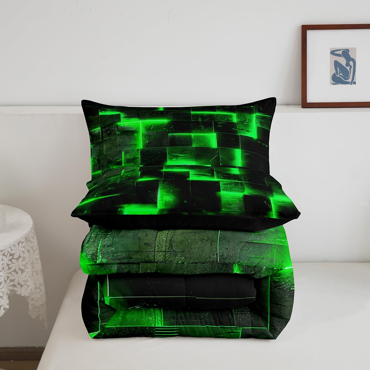 3D Geometric Bedding Set Twin Abstract Aesthetic Twin Comforter, Black and Green Duvet Insert Glowing Futuristic Cubes Quilt Comforter, Neon Grid Bedding Comforters & Sets 2pcs (Black Reversible)