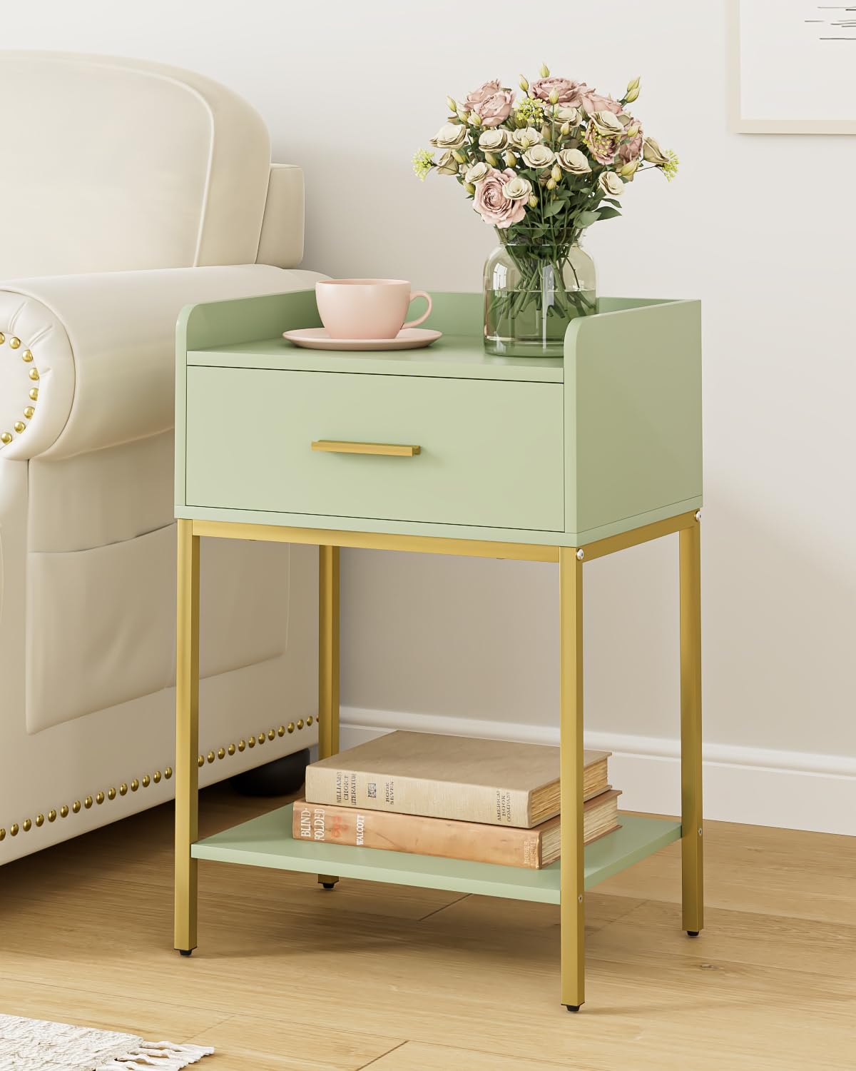 Apetaccat Nightstand,Modern Bedside Table Night Stand with Storage Drawer and Open Shelf,Small End Side Table for Bedroom,Living Room,Green