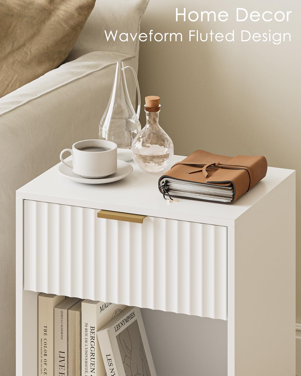 Masupu White Nightstand, Fluted Night Stand, Wood Bedside Table with Storage Drawer, Modern Side End Table for Bedroom, White