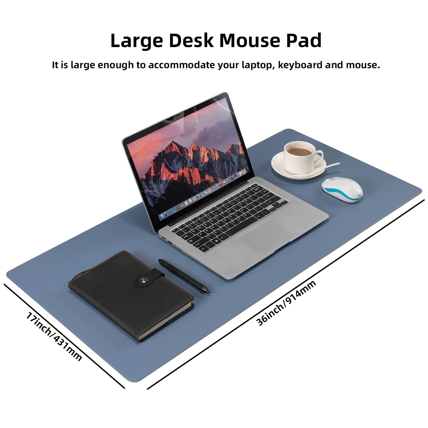 Wolaile Faux Leather Desk Pad Blotter,Water and Slip Resistant Writing Desk Protector Mat,Blue Large Mouse Pad for Desktop/Office Home Table Cover,36x17 in