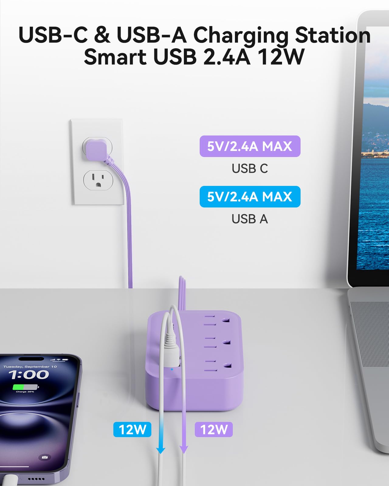 Purple Extension Cord with 3 Outlets & 3 USB(1 USB C), Cute Small Extension Cord 5ft, Travel Power Strip Flat Plug with USB Charging Station, Compact for Cute Purple Kawaii Lavender Desk Accessories