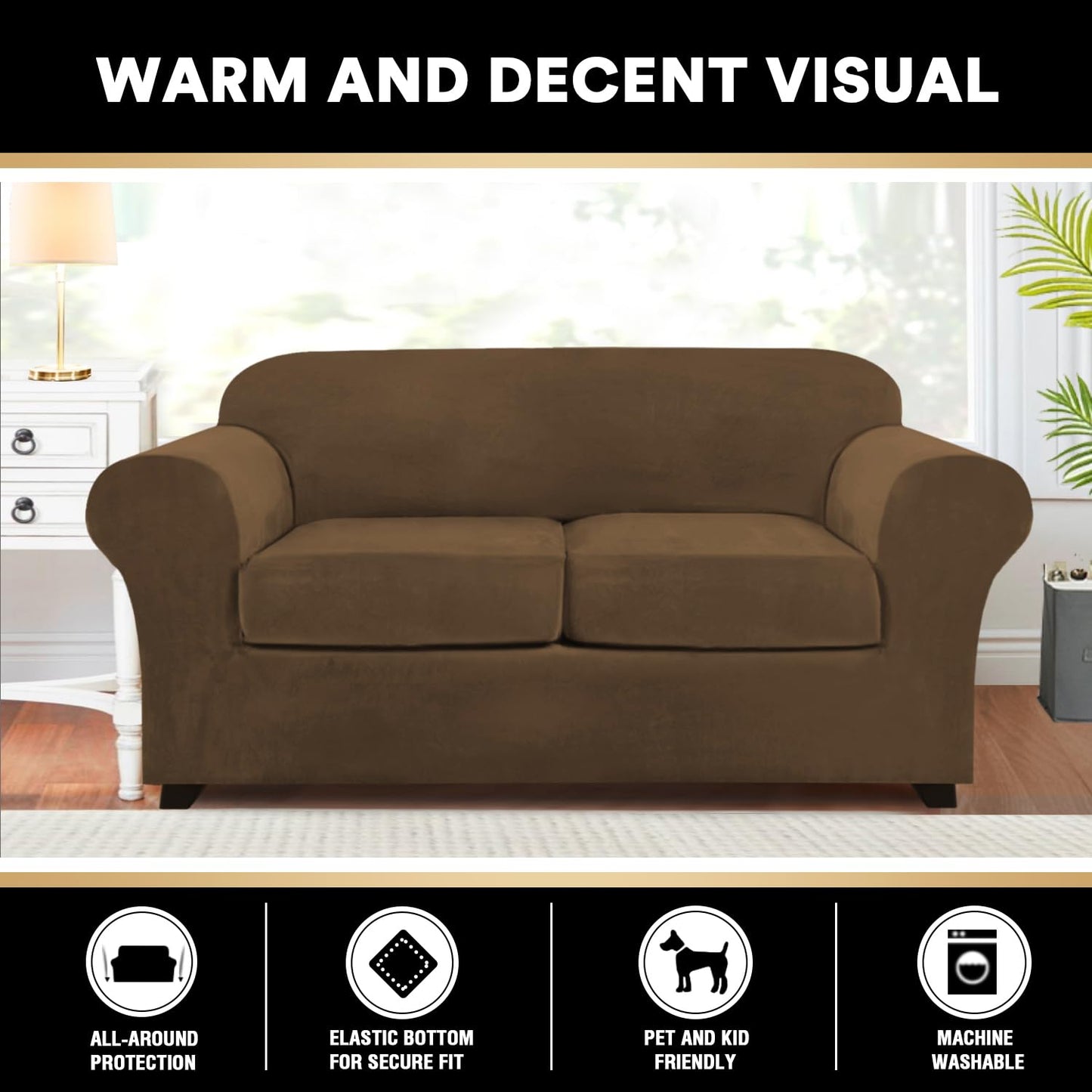 PrinceDeco Velvet Couch Cover Loveseat Covers for 2 Cushion Couch 3 Piece Sofa Covers for Dogs Washable Loveseat Covers Width Up to 72 Inch No Slip Stretch Sofa Slipcover(Medium, Bronze Brown)