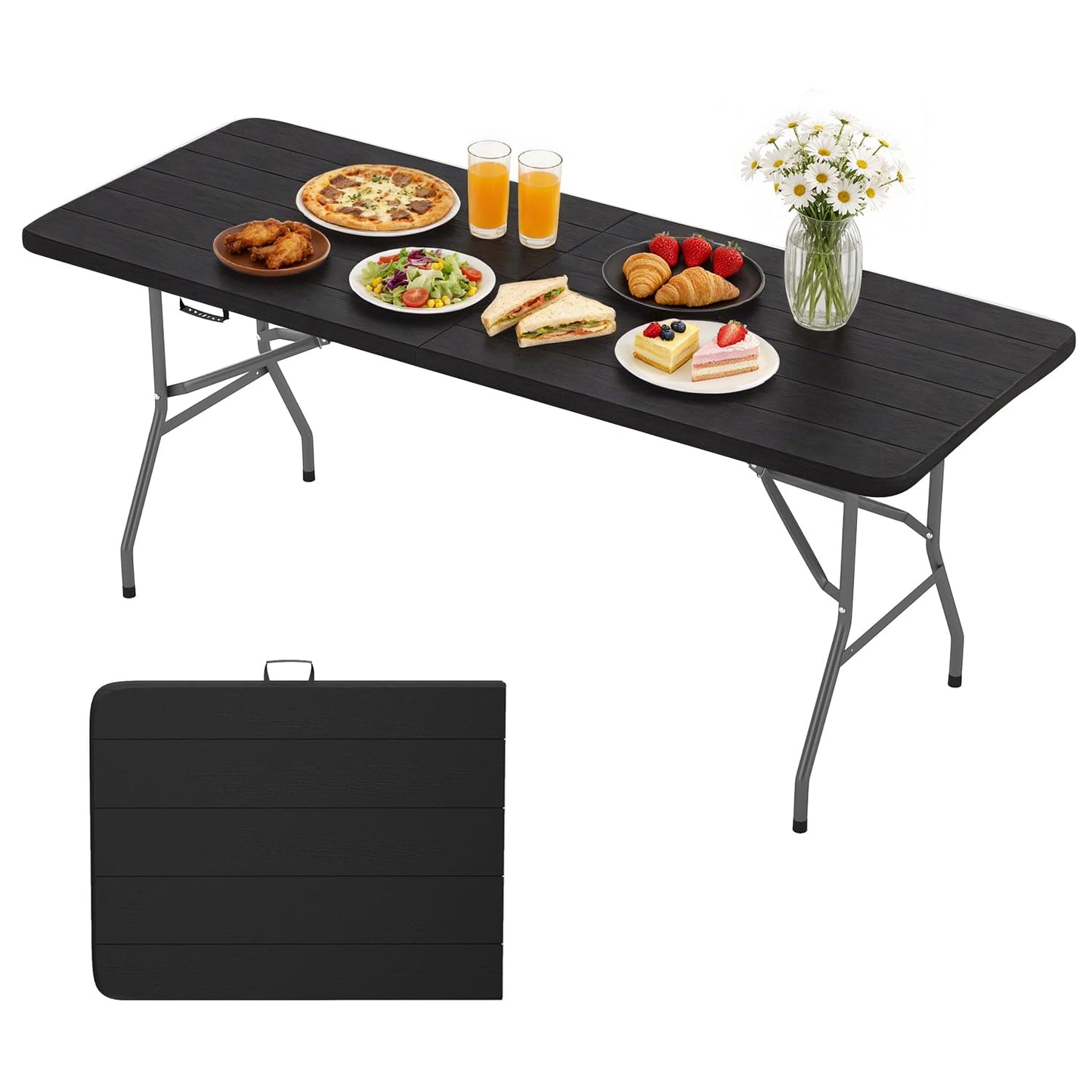 BestOffice 6 FT Picnic Table, Portable Plastic Folding Table with Carrying Handle Perfect for Picnics, Parties, Party and Camping, Black Wood Grain