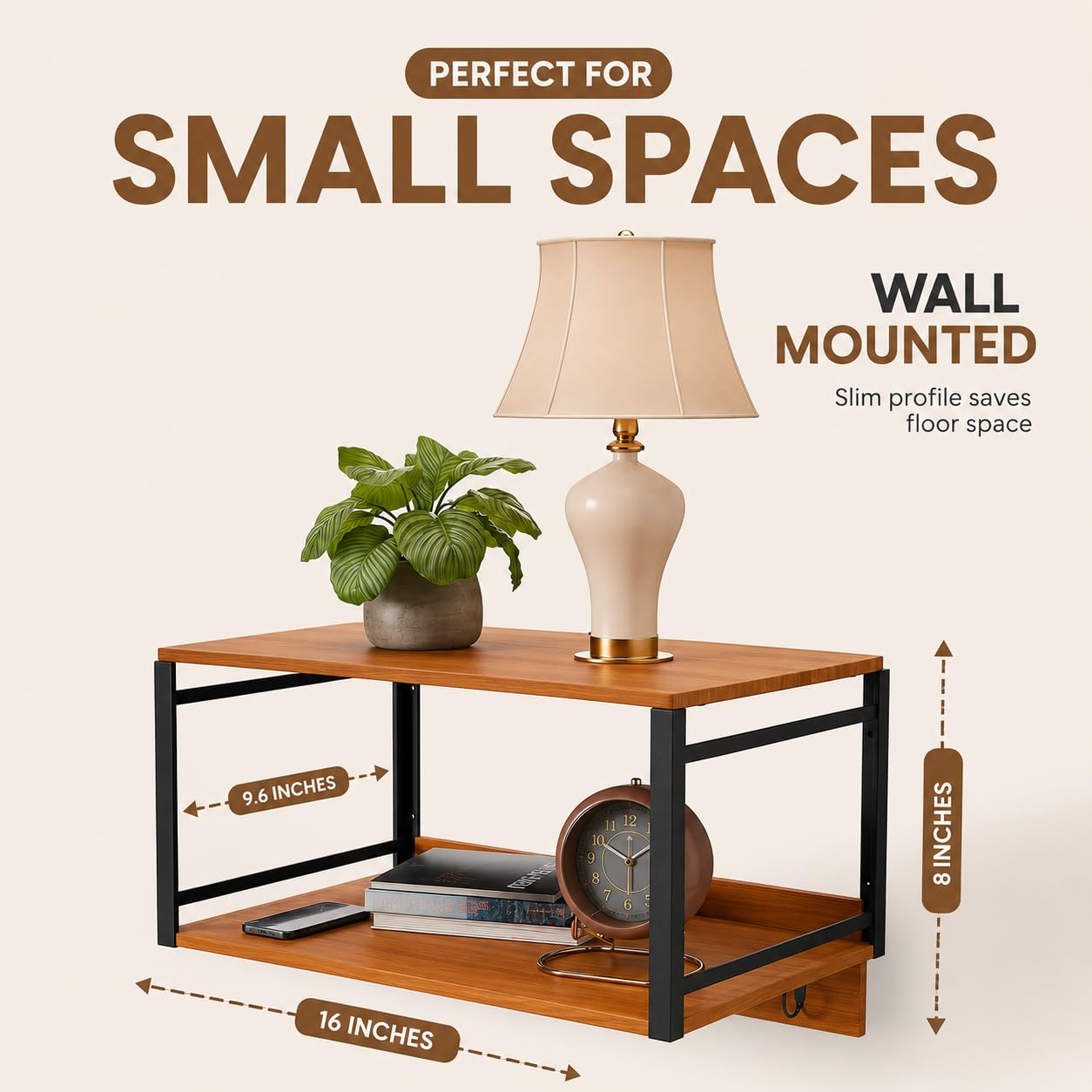 Wall Mounted Nightstand with Storage Shelf, Floating Bedside Table with Hooks, Space-Saving Modern Nightstand for Bedroom, Dorm Room, or Small Spaces