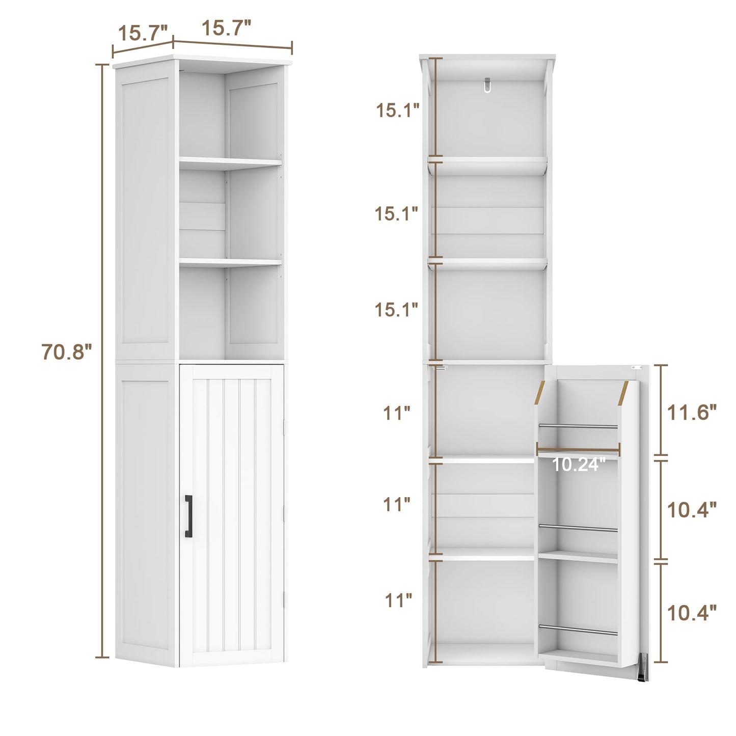 ChooChoo Narrow Kitchen Pantry Storage Cabinet, Slim Storage Cabinet with Adjustable Shelves and Open Shelves, Tall Freestanding Pantry Cabinet for Small Spaces, Kitchen, Dining Room, Bathroom, White