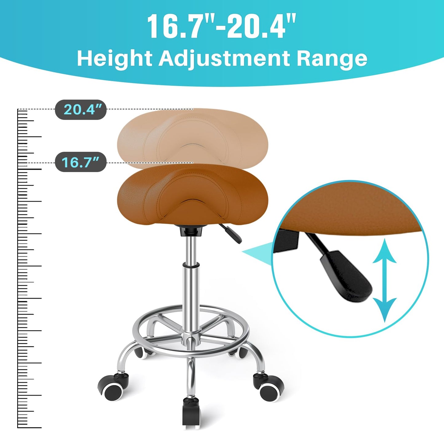 YEEZEE Saddle Stool Ergonomic- Comfortable Rolling Saddle Stool with Wide Thick Saddle Seat Padding, Swivel Adjustable Saddle Chair with Wheels and Ring Pedal for Medical Massage Salon (Brown)