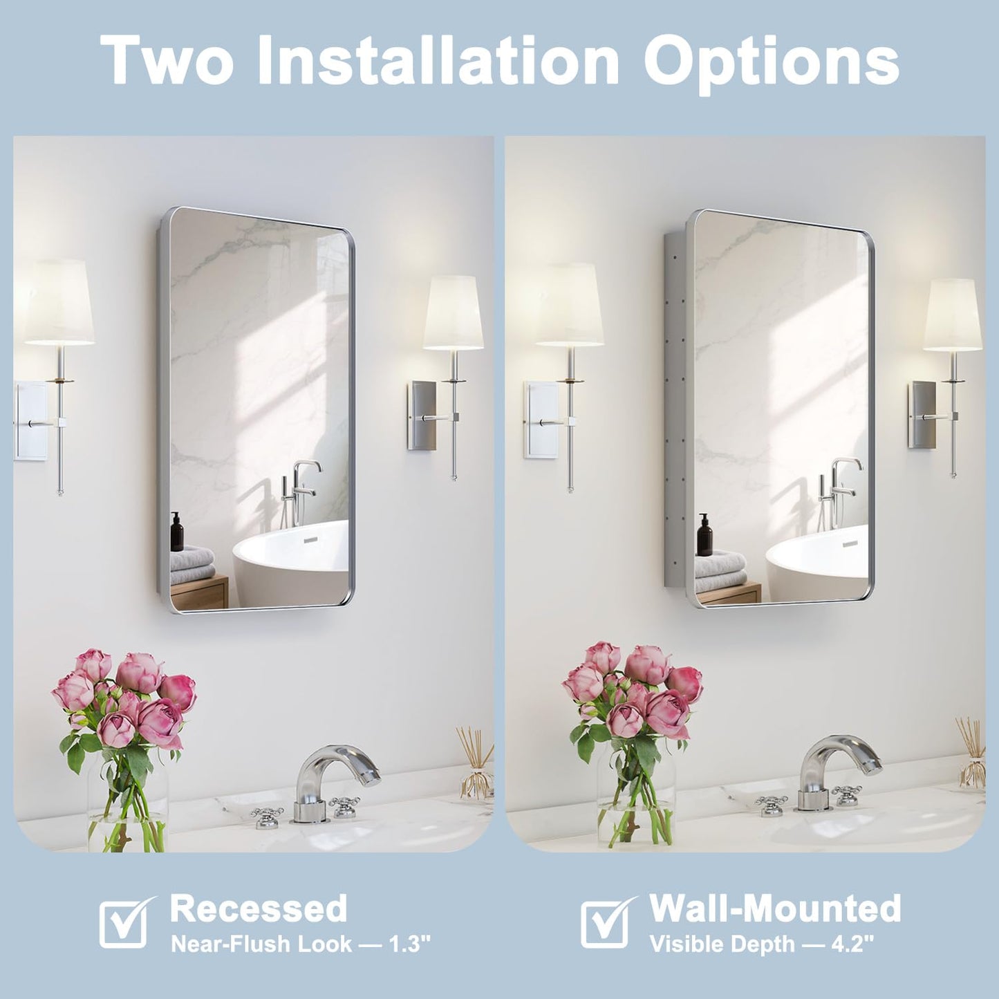Venlus Silver Medicine Cabinet with Mirror, 16x24 Fully Assembled Recessed or Surface Mount Bathroom Medicine Cabinet, Metal Mirrored Cabinet with Adjustable Storage Shelves