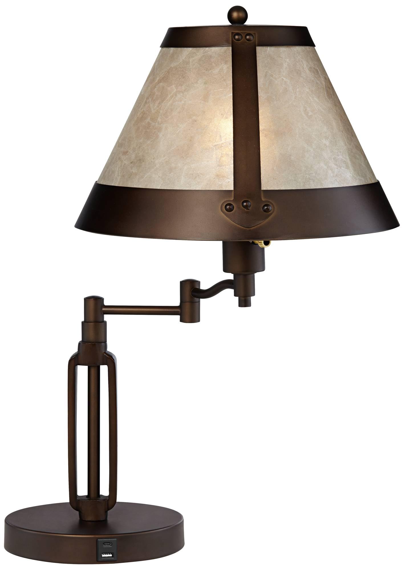 Franklin Iron Works Samuel 21 1/4" High Rustic Swing Arm Accent Table Lamp with USB Ports A+C Charging Bronze Natural Mica Shade for Living Room Bedroom House Bedside Nightstand Home Office Family