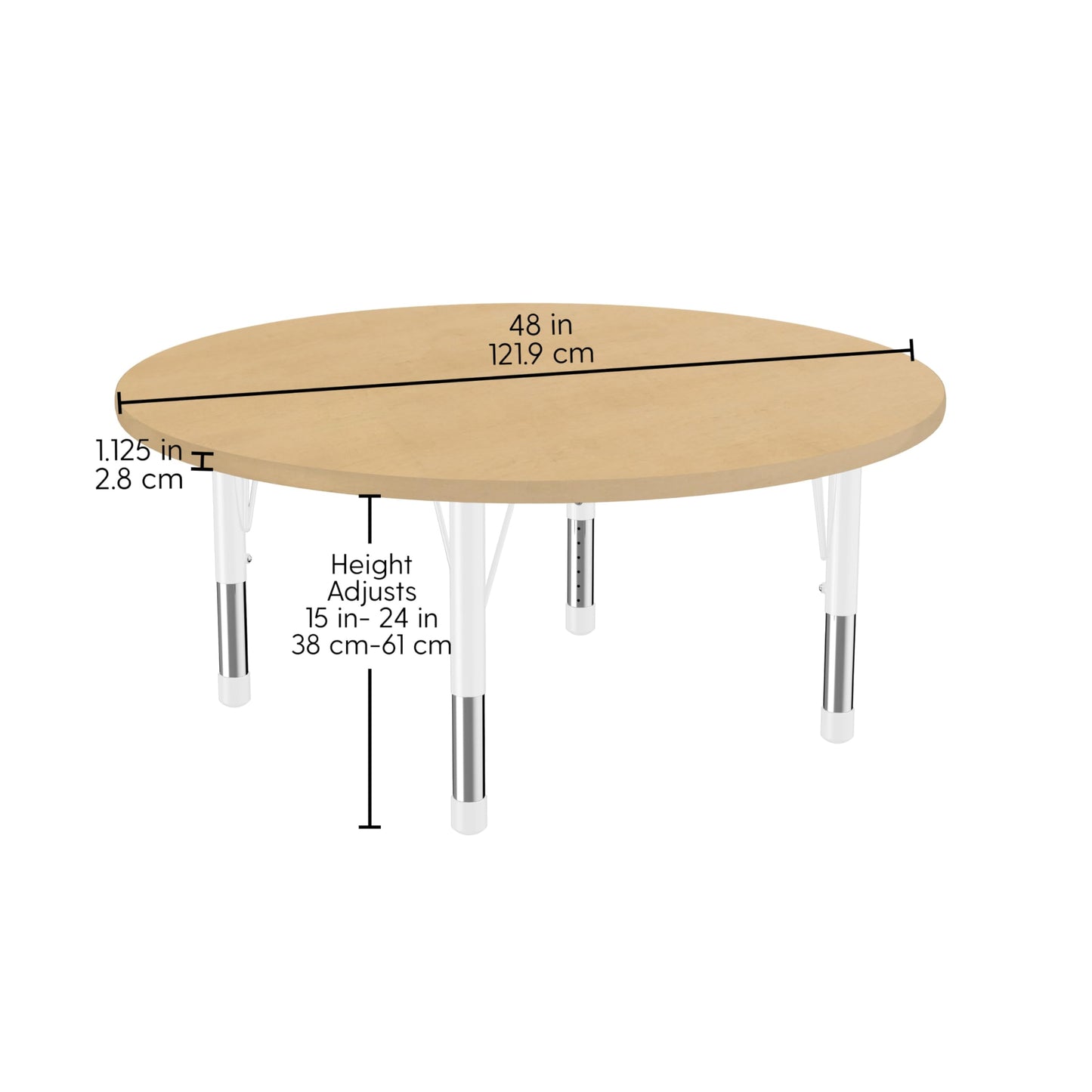 FDP Round Activity School and Classroom Table (48 inch) with Modern Woodgrain Laminate Top, Chunky Toddler Legs for Early Learning Environments, Adjustable Height 15-24 inches - Maple Grain/White