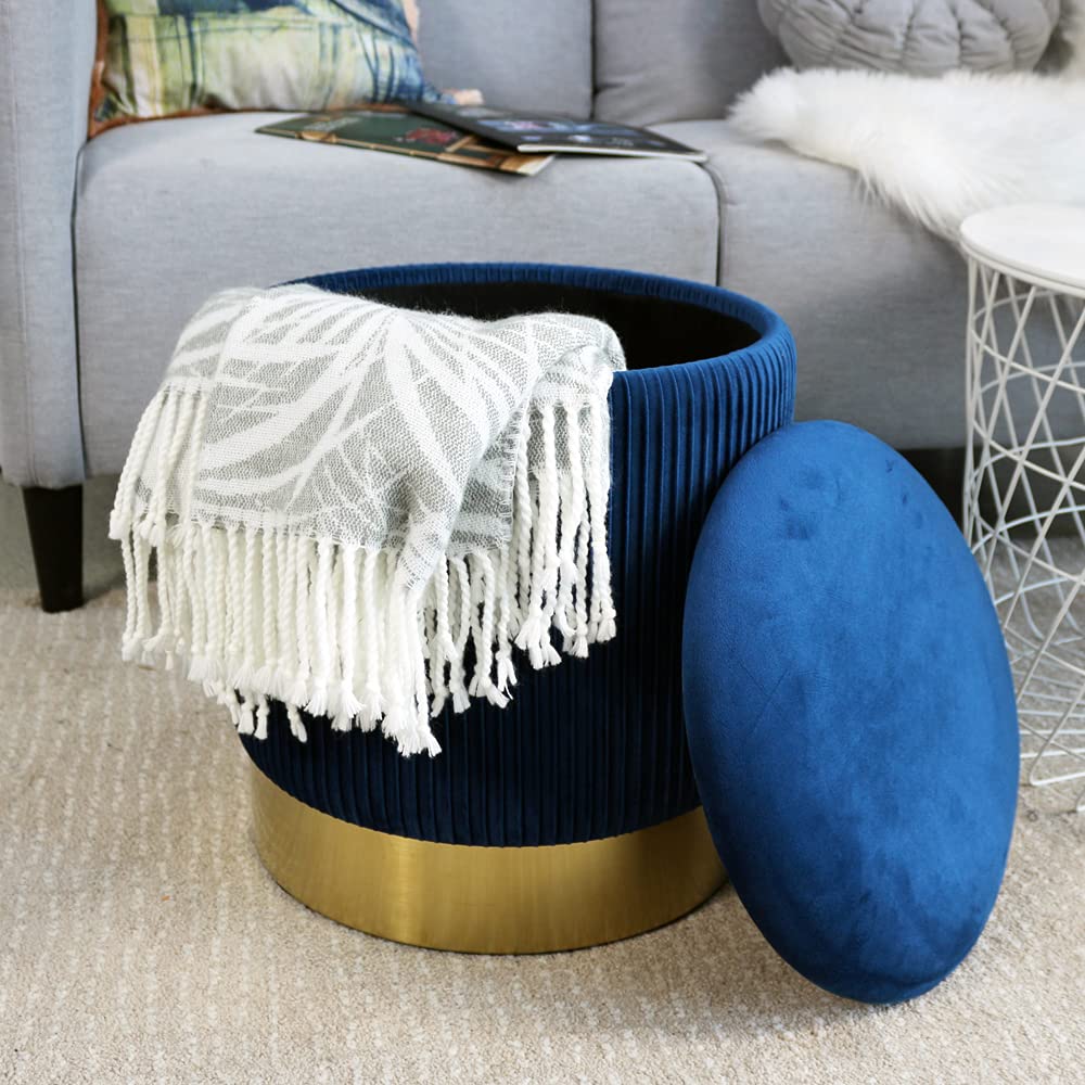 2BYF Blue Round Ottoman with Storage Set of 2 Upholstered Velvet Vanity Stool for Living Room Small Ottoman Coffee Table with Removable Lid Foot Stool for Living Room, Bedroom, Hallway, Assembly Free