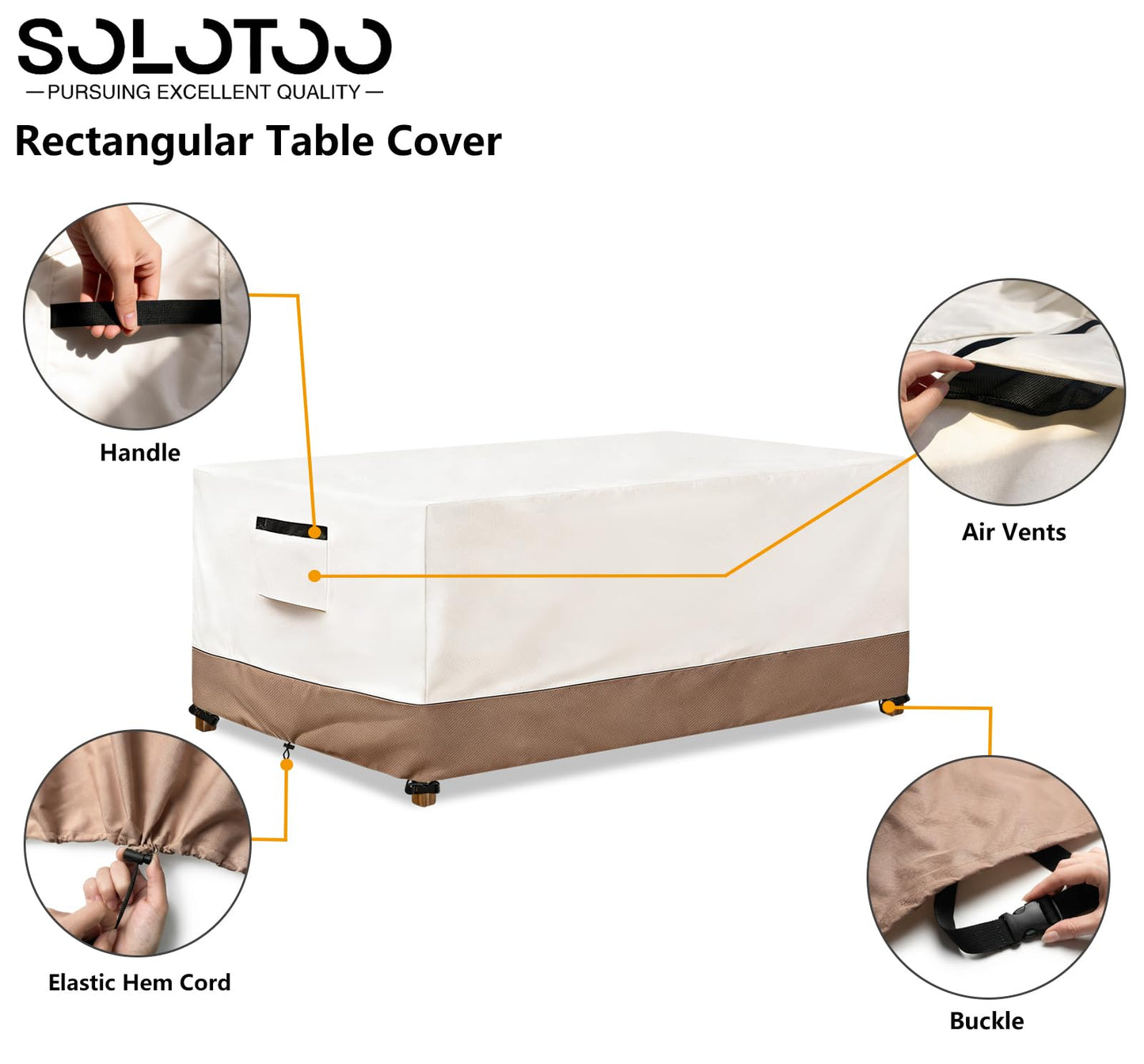 SoloToo Rectangle Outdoor Table Cover Waterproof Heavy Duty Patio Furniture Covers, Rectangle Outdoor Dining Table Cover - 60" W x 38" D x 28" H (Beige & Brown)