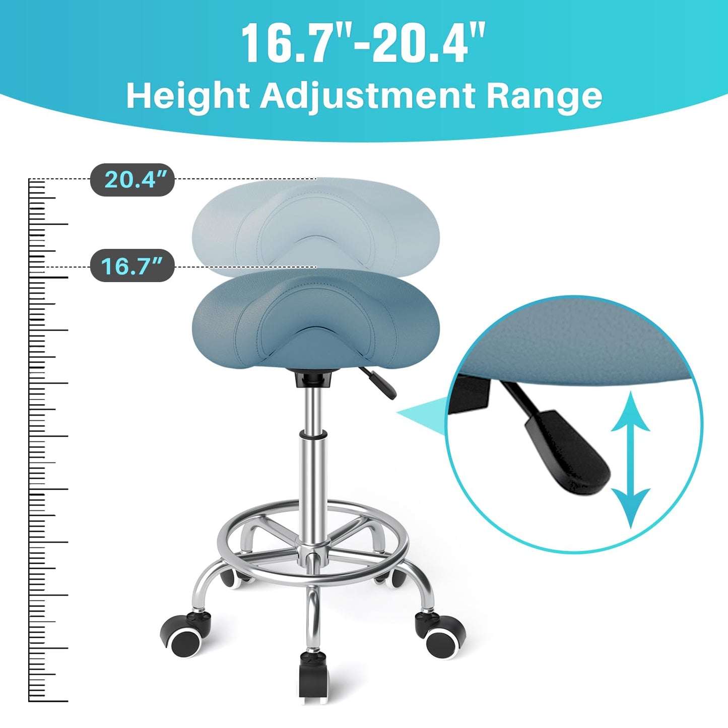 YEEZEE Saddle Stool Ergonomic- Comfortable Rolling Saddle Stool with Wide Thick Saddle Seat Padding, Swivel Adjustable Saddle Chair with Wheels and Ring Pedal for Medical Massage Salon (Blue)