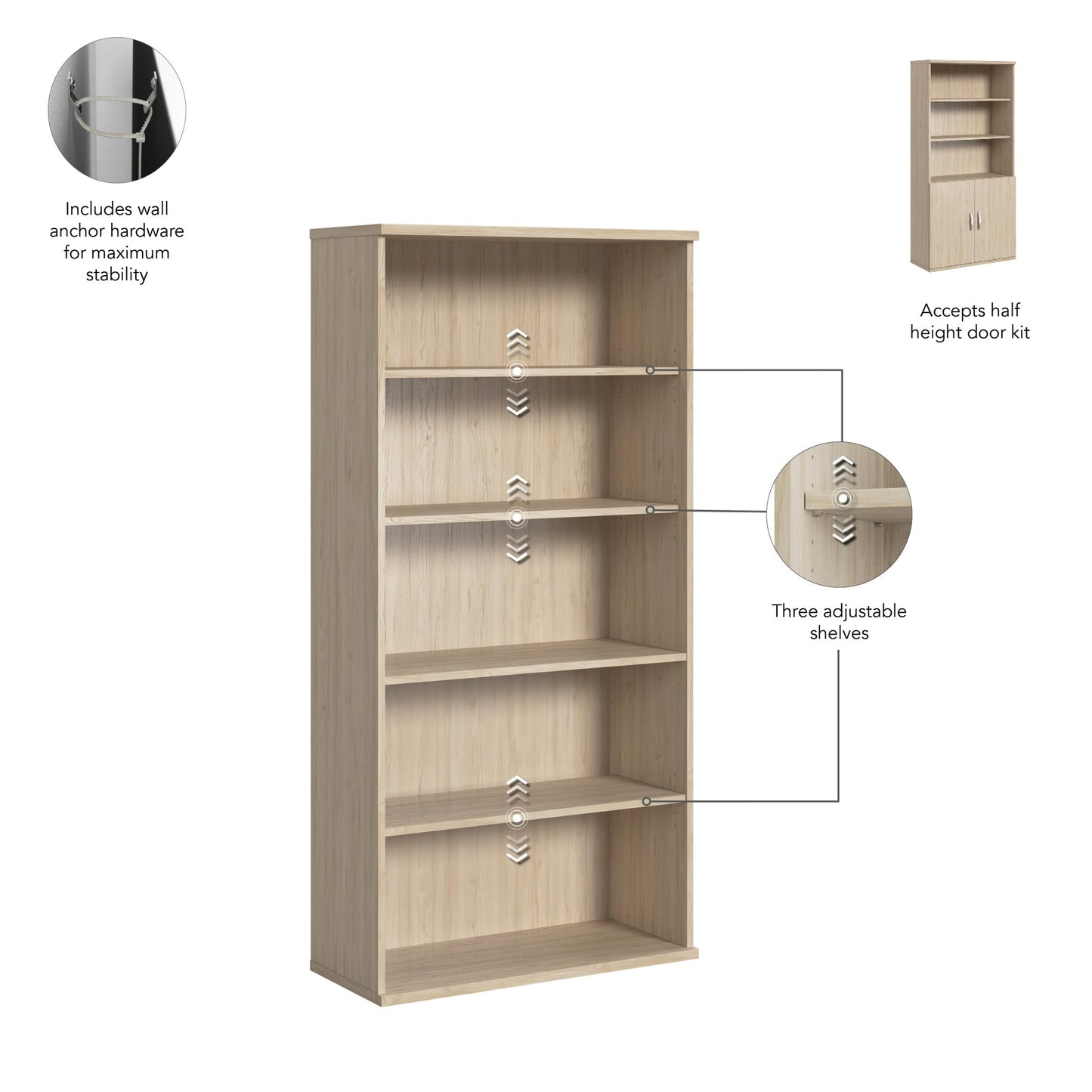 Bush Business Furniture Studio C Tall 5 Shelf Bookcase in Natural Elm, Large Bookshelf for Home or Professional Office
