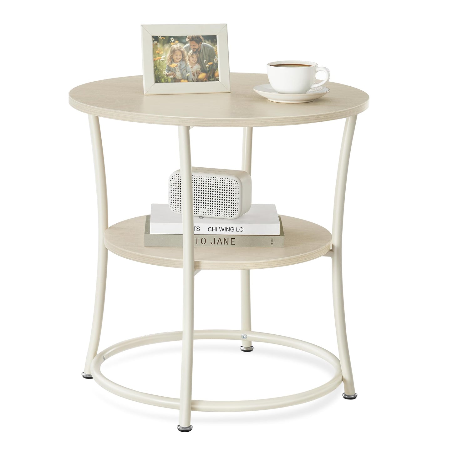 VASAGLE 21.7-Inch Round Side Table, 2-Tier End Table, Nightstand with Steel Frame, Spacious Top, for Small Spaces, Living Room, Bedroom, Natural Beige ULET056N01