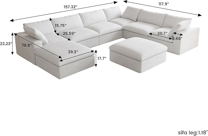 Cloud Couch Modular Sectional Sofa, Oversized 8 Seater Sofa, 160.6" U Shaped
