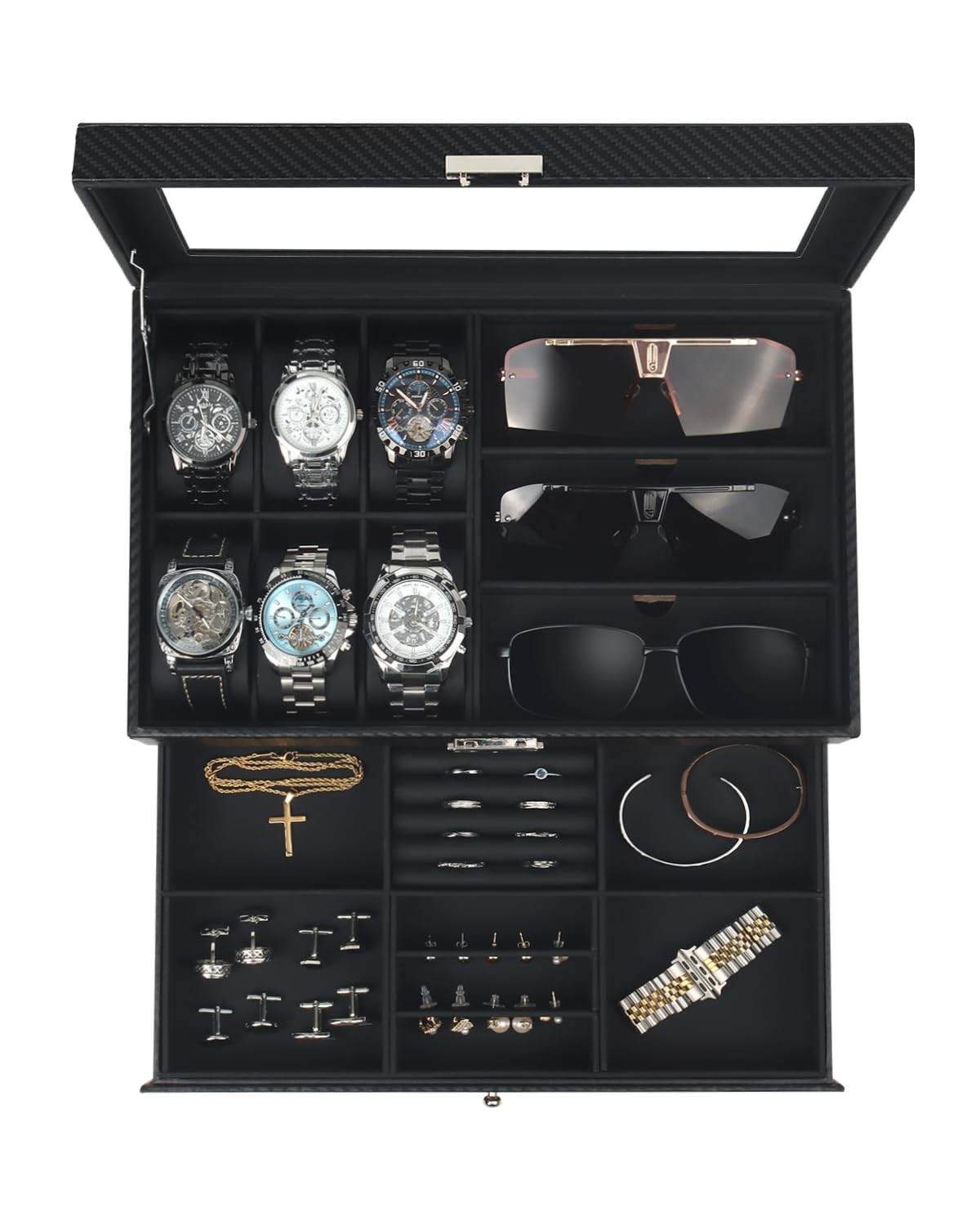 Kukikan Watch Jewelry Box Organizer, 6-Slot 2-Layer Case and Sunglasses Storage with Large Glass Lid, Men's Jewelry Box with Lock, Watch Holder Display Case, Fathers Day Gift, All Black