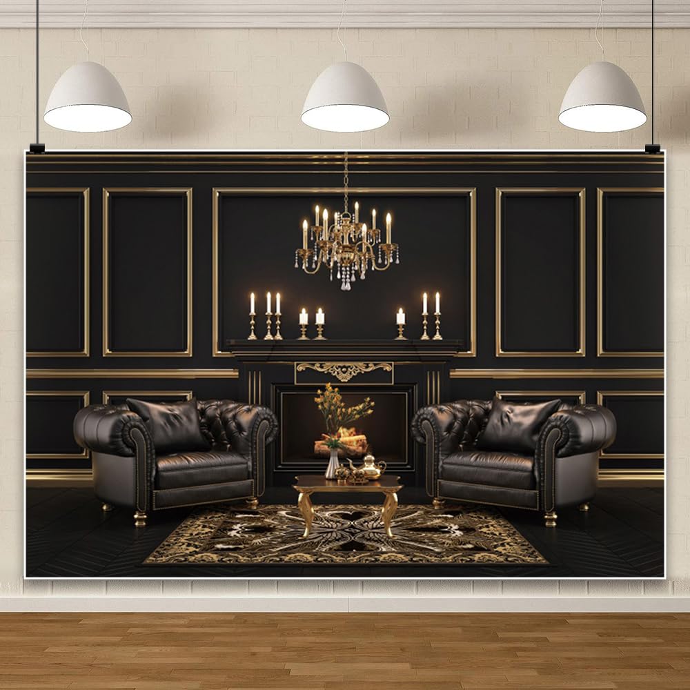 Laeacco 8x6ft Classic Interior Backdrop Black Wall Sofa Luxury Reception Room Interior Photography Background Business Office Studyroom Living Room Wallpaper Kids Adults Portrait Photo Booth Props