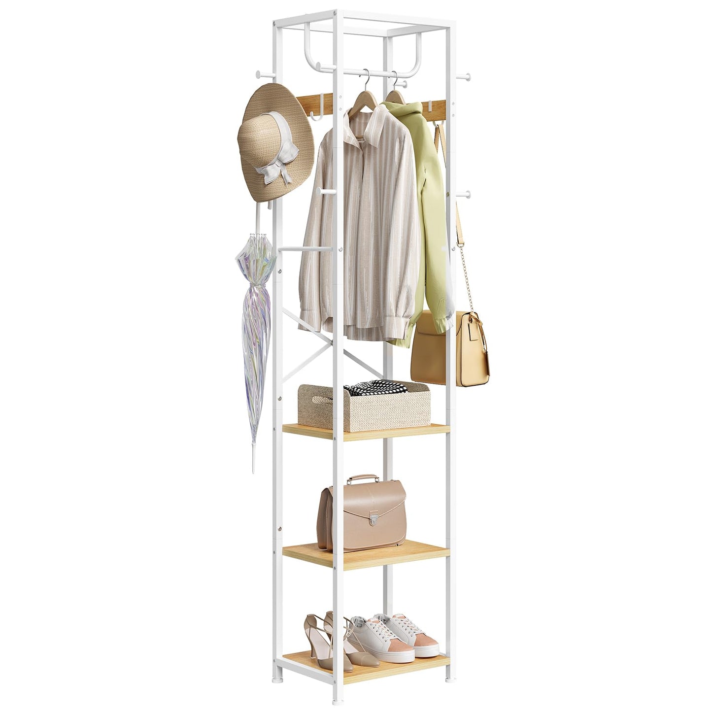 ELYKEN Coat Rack Freestanding, Hall Tree with 3 Storage Shelves and 12 Hooks, Industrial Clothes Rack Stand Organizer for Bedroom, Hallway, Entryway, Office, Living Room