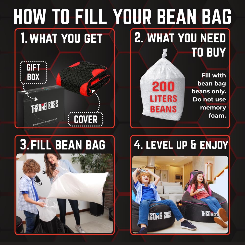 Throne Boss Gaming Bean Bag Chair Cover for Kids with High Back, Red – Gamer Chair for Kids with 2 x Large Side Pockets, Headphone Hanger, Easy to Clean Fabric, Requires 200 Liters Polystyrene Beans