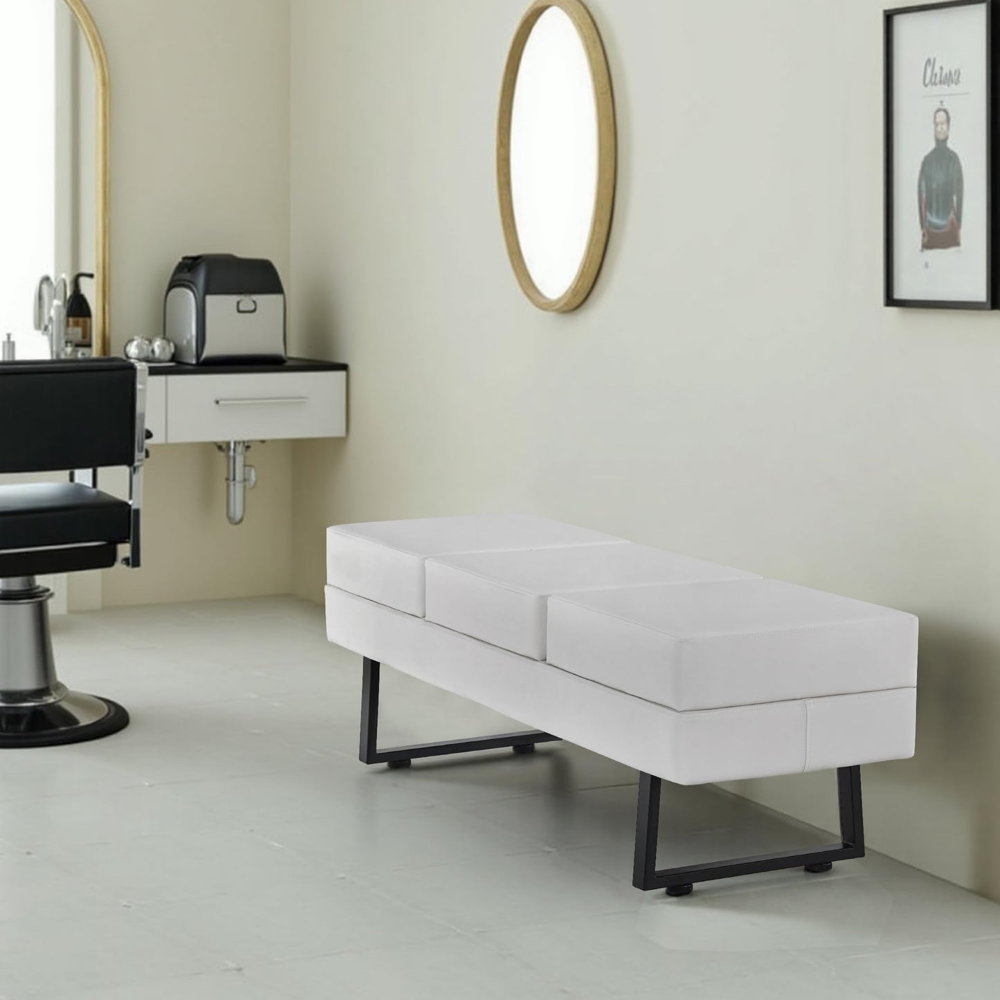 BarberPub Waiting Room Chairs, Heavy Duty Office Guest Reception Bench, Faux Leather Upholstered Lobby Chairs for Salon, Conference Room 7008 (Cream White)