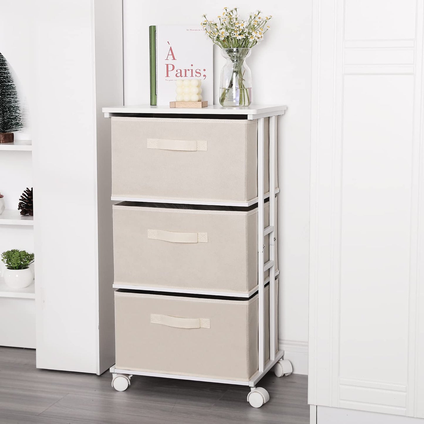 MAX Houser Dresser Tower with 3 Drawers for Bedroom, Fabric Storage Organizer Unit, Chest of Drawers with with WoodTop, Small Vertical Storage for Guest Room, Closet, Entryway(Beige)
