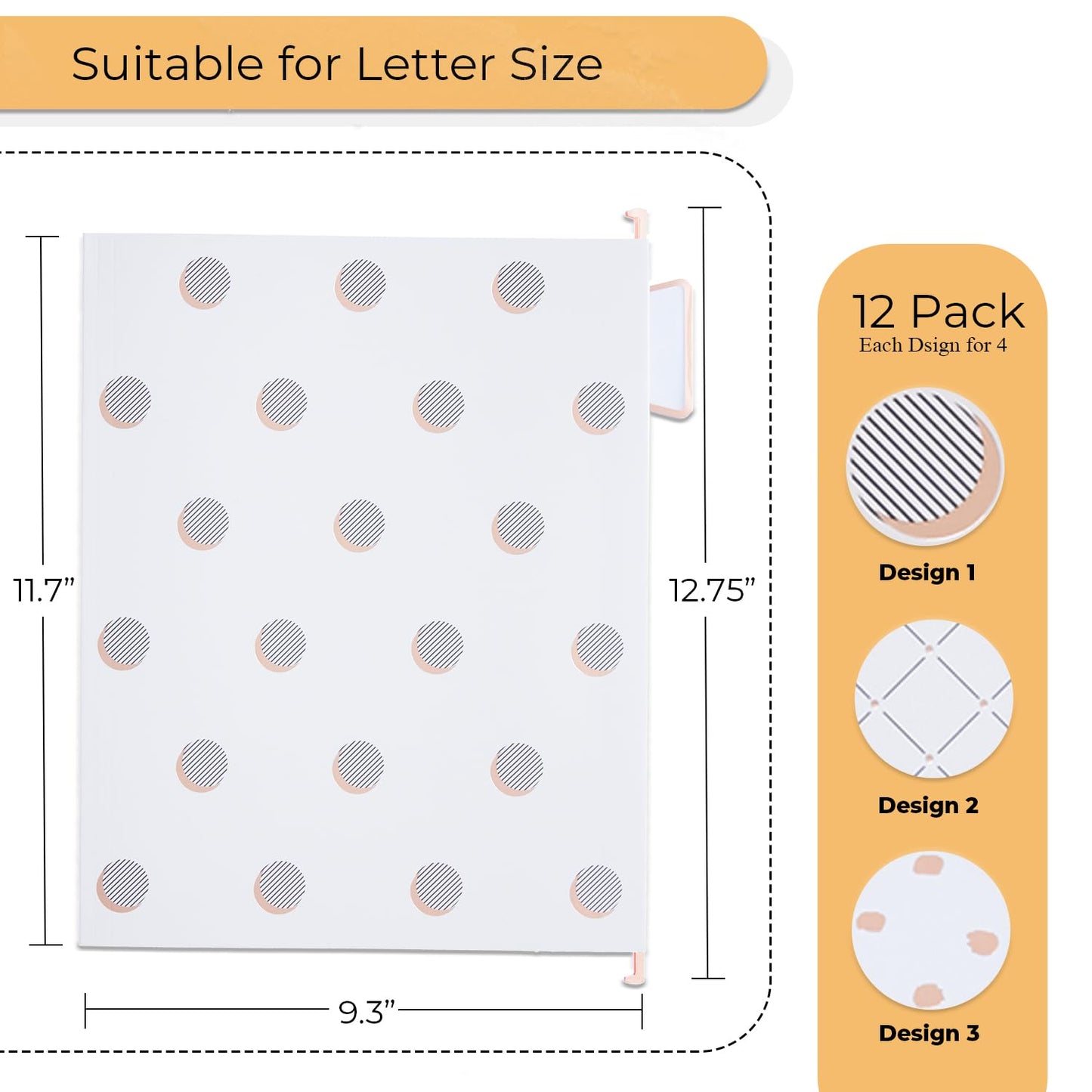 Y YOMA Rose Gold Hanging File Folders, Letter Size, 12 Pack Decorative Paper Hanging Folders with 1/5-Cut Adjustable Tabs, Desktop Filing Ideal for Home and Office Organization, 3 Design