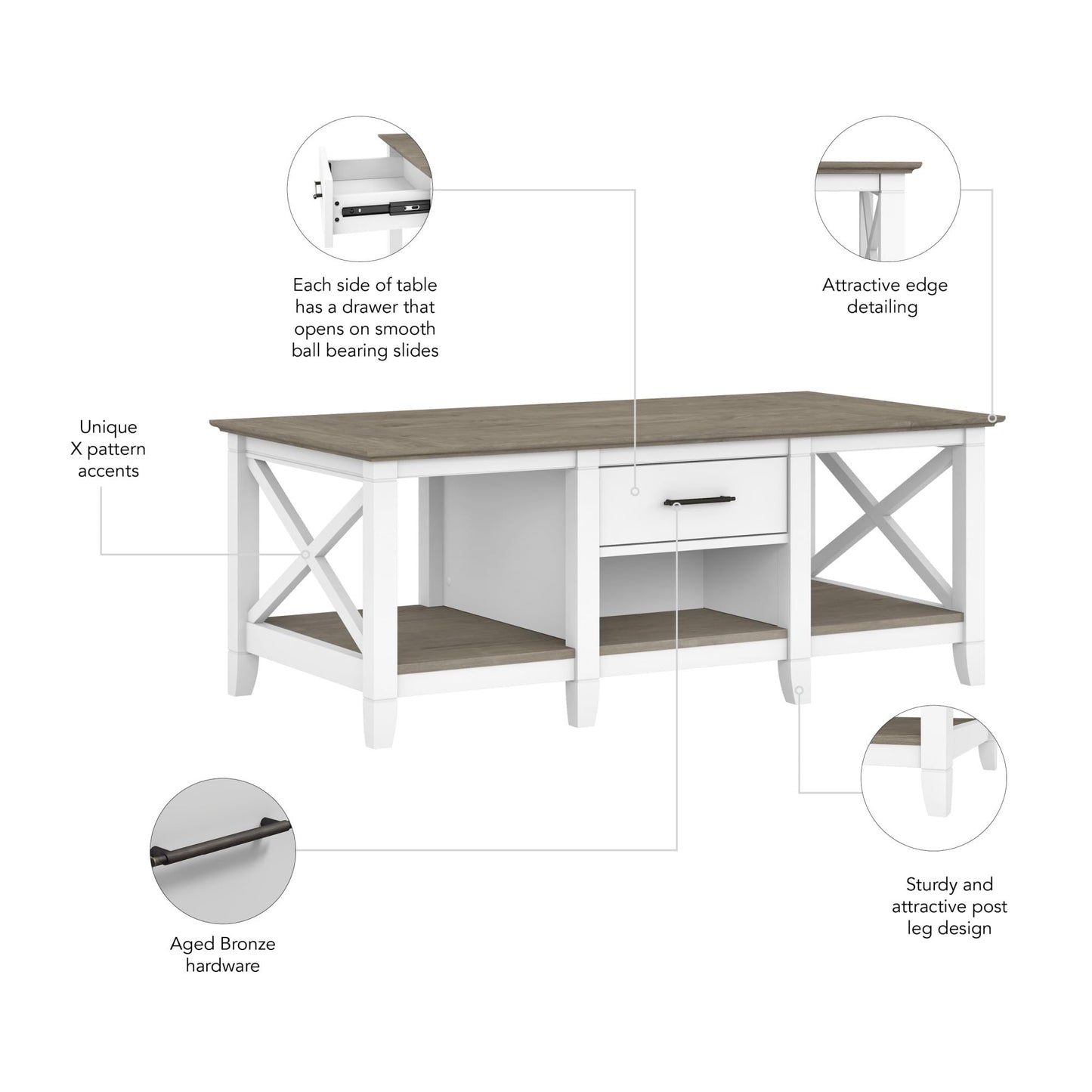 Bush Home Key West Coffee Table with Storage in Pure White and Shiplap Gray