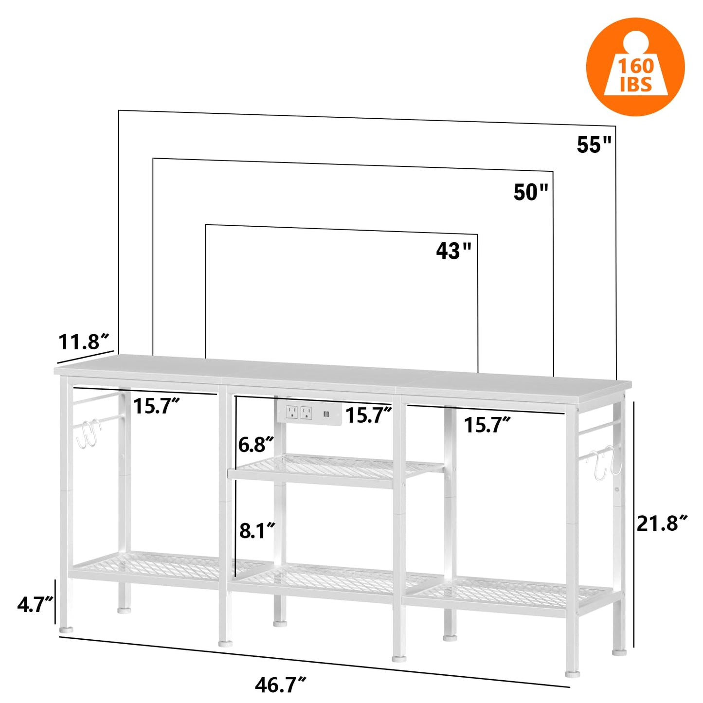 Furologee TV Stand with Power Outlets, Entertainment Center with Open Storage Shelves for TVs up to 55 Inch, TV Media Console Table with Soundbar Shelf for Living Room, Bedroom, White
