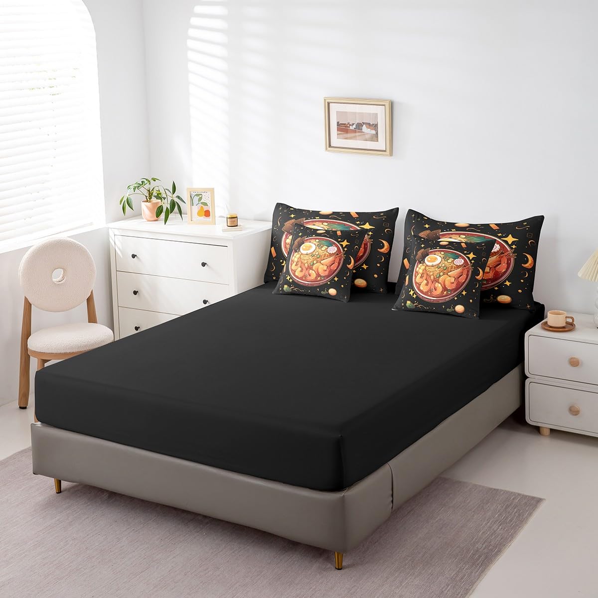 Erosebridal 7 Piece Ramen Noodle Queen Comforter Set,Japanese Anime Bedding Set Ramen Gifts for Kids Girls Boys,Funny Food Themed Bed Set with Fitted+Flat Sheet,Pillowcases,Throw Pillow Covers