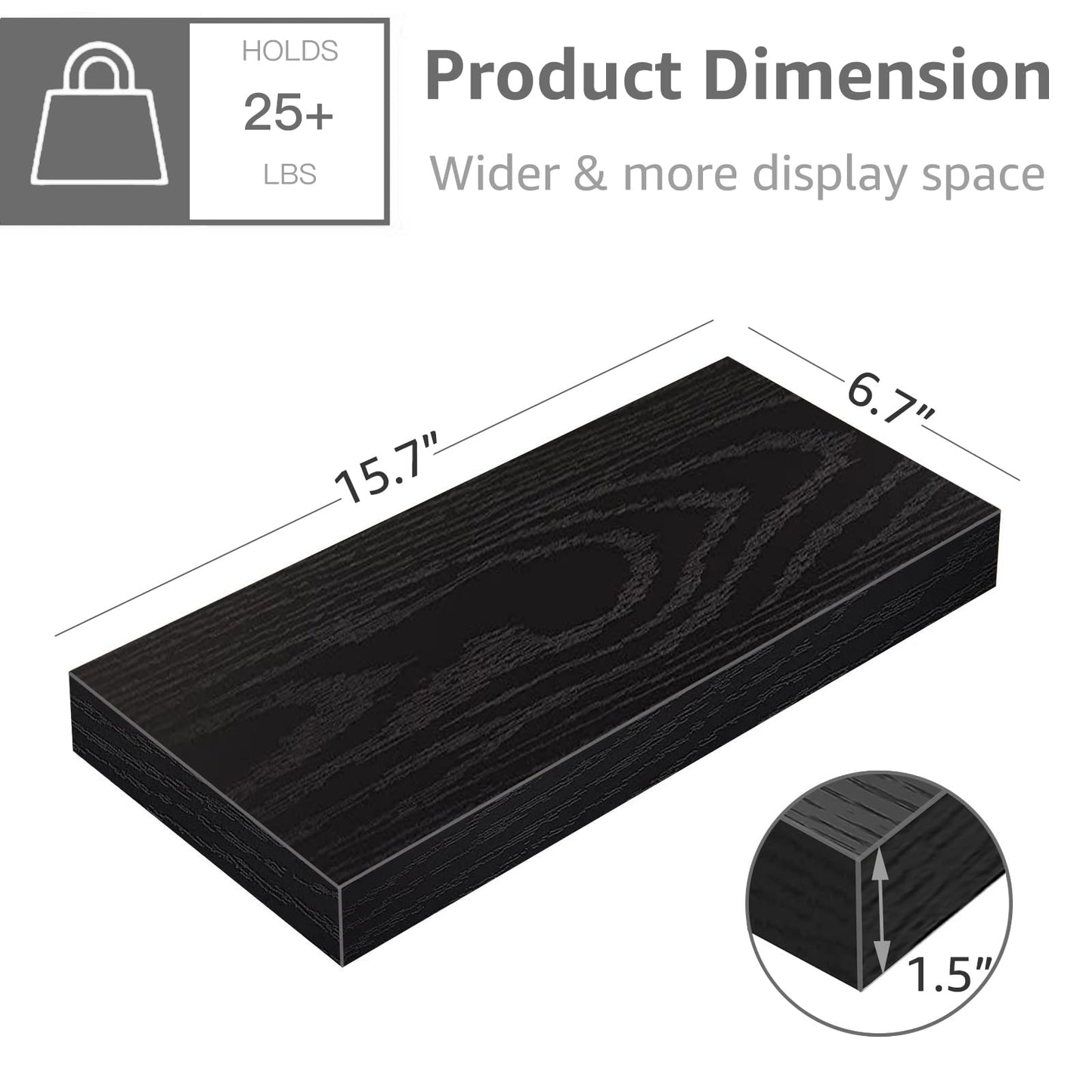QEEIG Floating Shelf for Wall Bathroom Shelves Bedroom Kitchen Living Room Farmhouse Small Book Shelf 16 inch Set of 1, Black (015-B1)