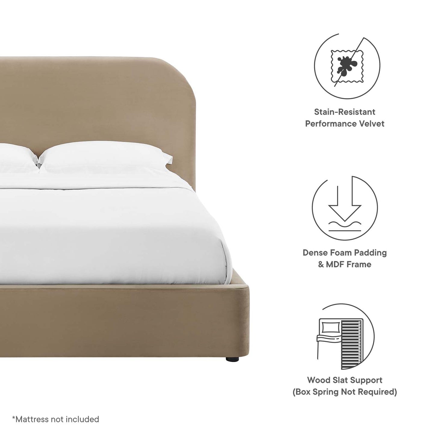 Modway Keynote Modern Queen Bed Frame with Curve Shaped Headboard in Taupe, Upholstered in Performance Velvet, Queen Size Platform Bedain-Resistant Velvet Bed, Soft Cloud Bed Frame