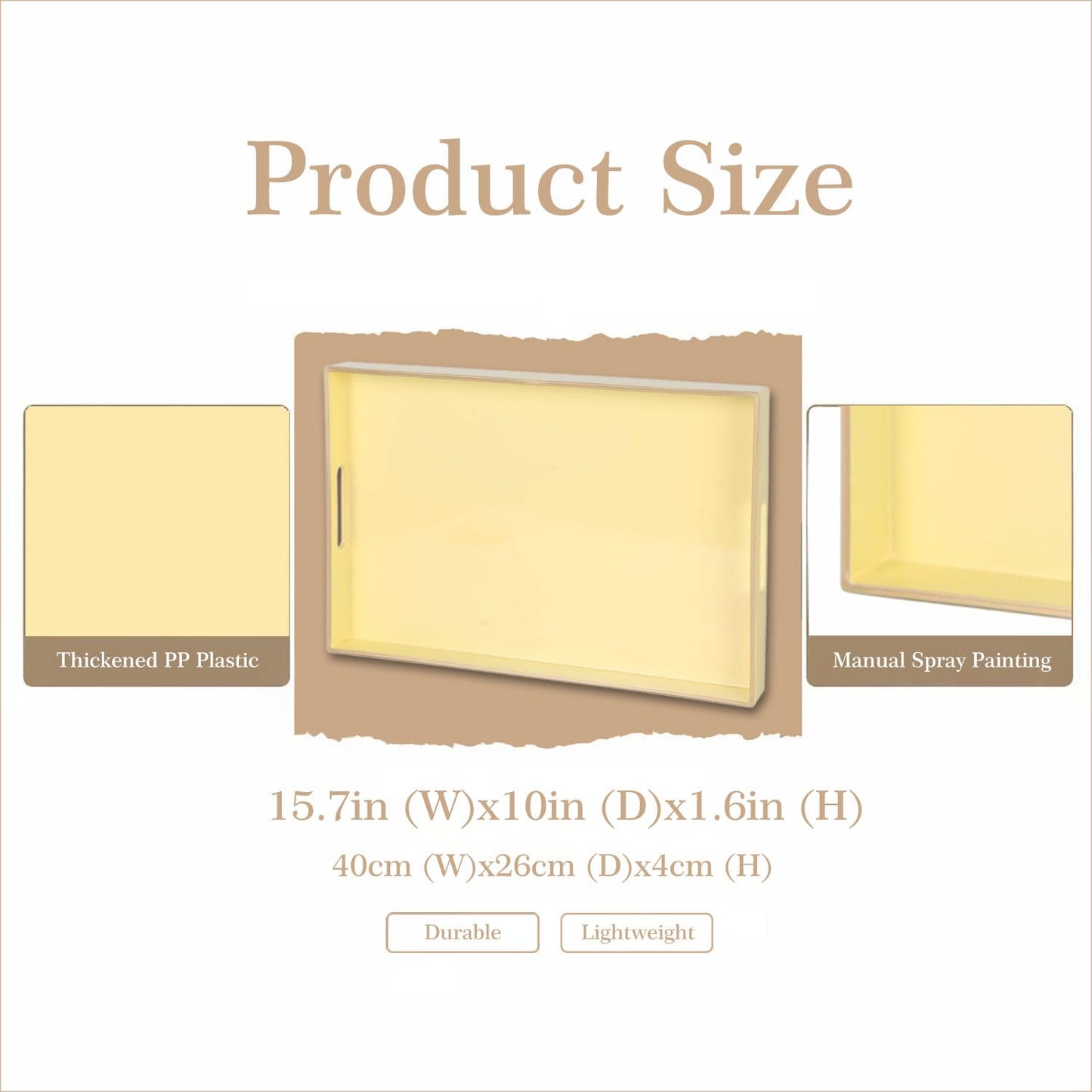 Zosenley Decorative Tray, Rectangular Plastic Tray with Handles, Modern Vanity Tray and Serving Tray for Bathroom, Kitchen, Ottoman and Coffee Table, 15.6” x 10.2” (Light Yellow)