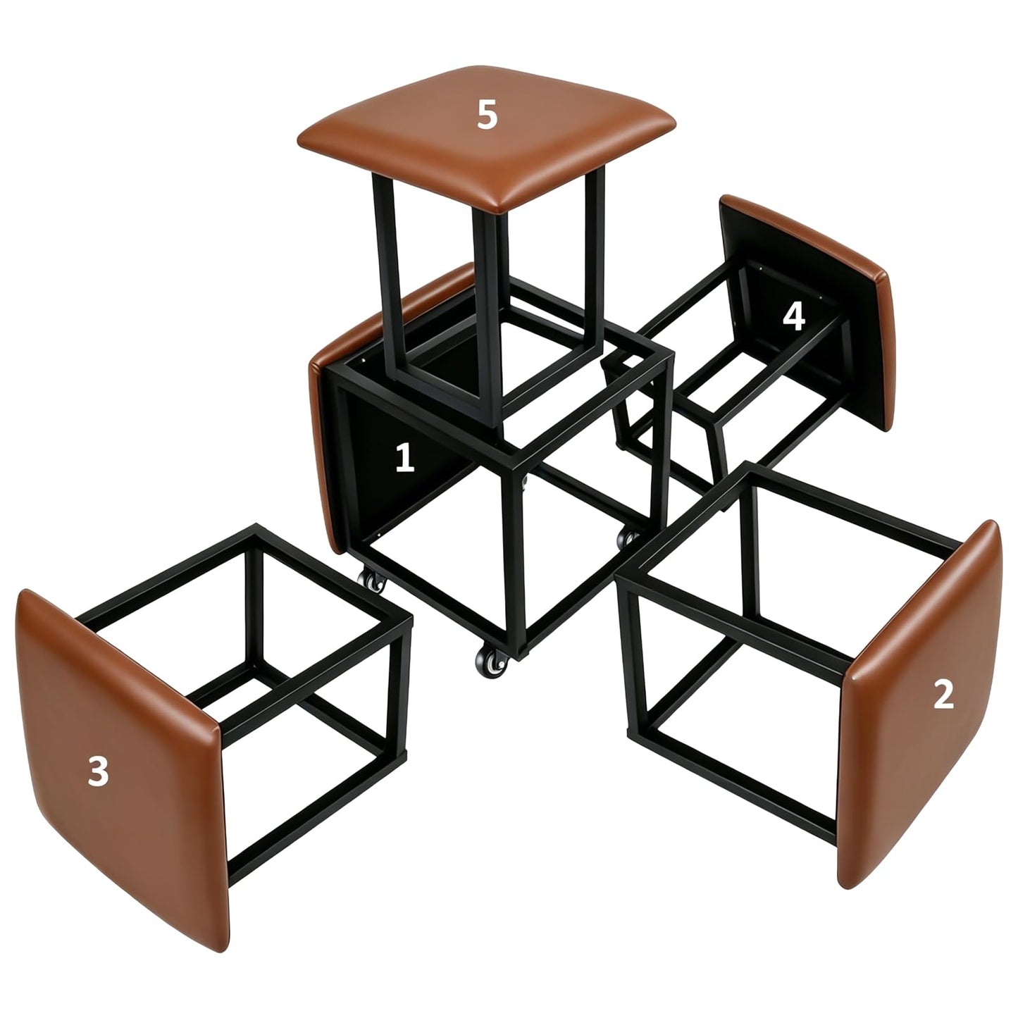 LUGSHIREE 5 in 1 Nesting Ottoman Cube Chair, Stackable Stools, Leather Square Ottoman Bench, Foot Stool with Wheels for Living Room,Dining Room 15.75x15.75x16.54 inches