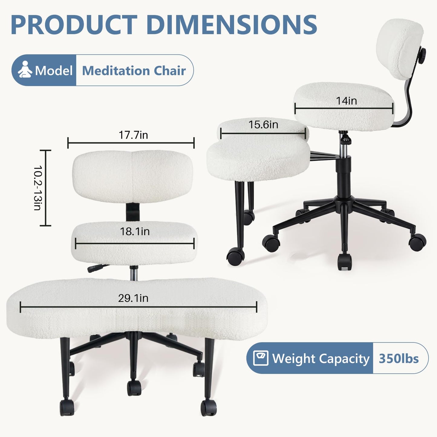 DUMOS Ergonomic ADHD Cross Legged Office Desk Chair with Adjustable Backrest, Height Adjustable Meditation Chair with 360° Swivel Footstool, Teddy Fabric Yoga Stool for Home Office, White
