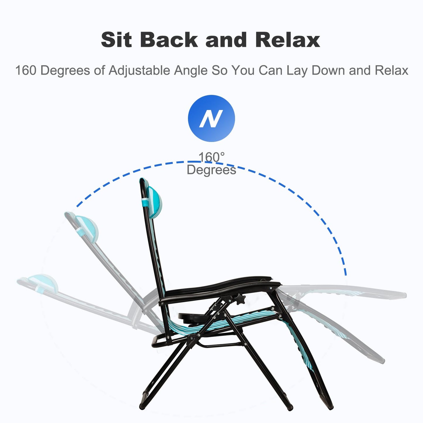 Nazhura Set of 2 Relaxing Recliners Patio Chairs Adjustable Steel Mesh Zero Gravity Lounge Chair Beach Chairs with Pillow and Cup Holder (Light Blue Stripe)
