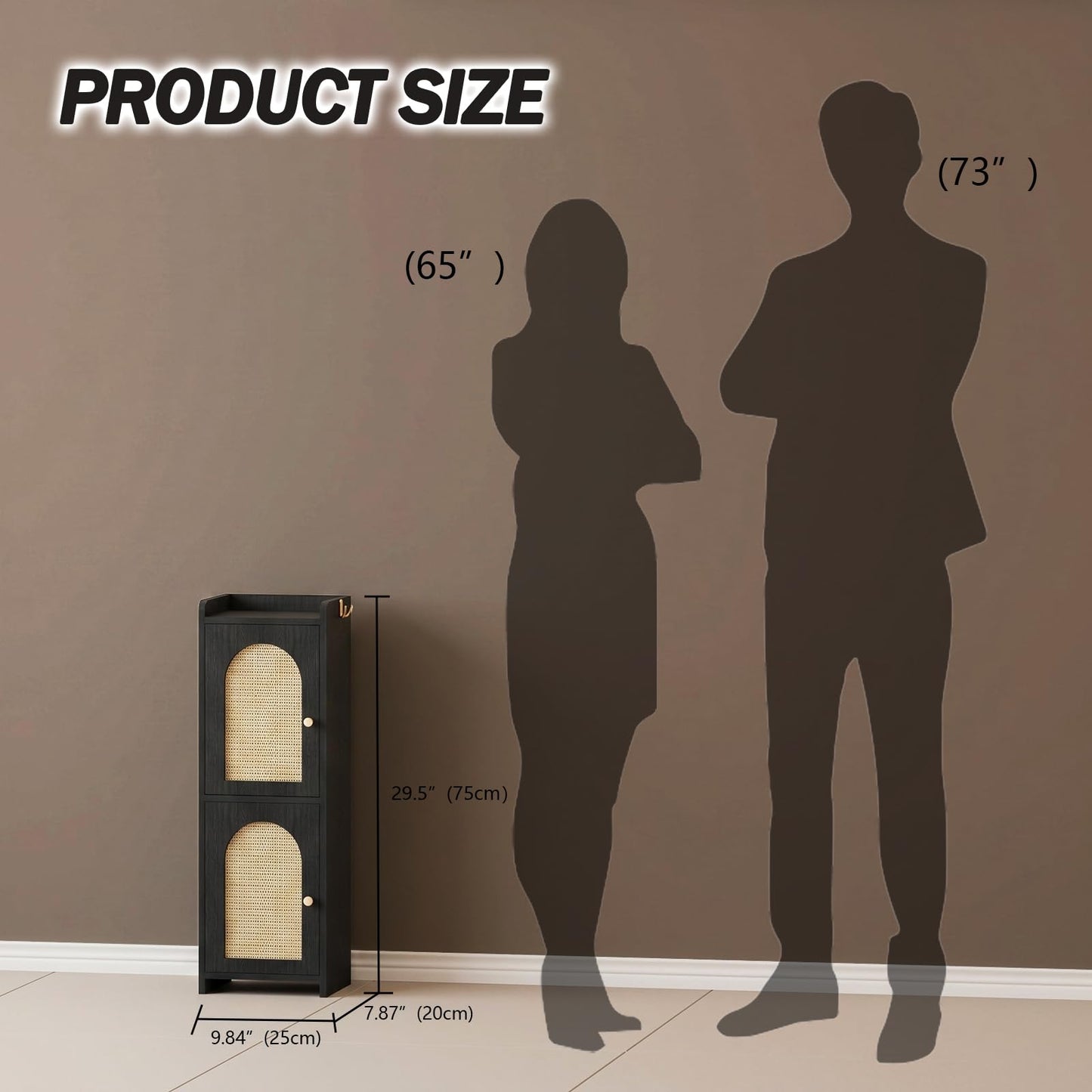 Rattan Bathroom Storage Cabinet,Corner Floor Cabinet with 2 Doors and Adjustable Shelf, Narrow Toilet Paper Cabinets with 2Hooks,Toilet Organizer for Small Spaces,7.87"D*9.84"W*29.72"H（Black）