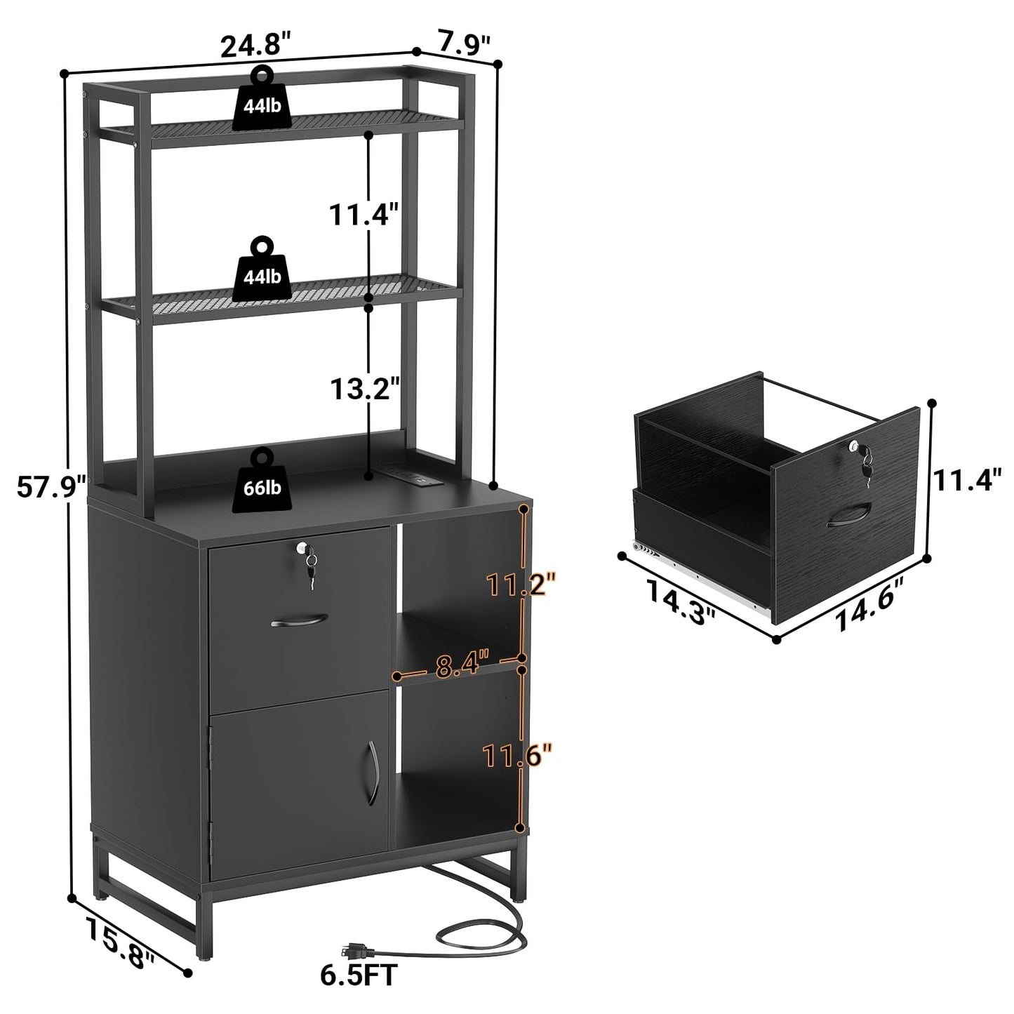 Homieasy Vertical Filing Cabinet with Bookshelf for Home Office, File Cabinet with Shelves, Lock & Charging Station, Drawer Office File Cabinets with Printer Stand, fits Letter Size, Black