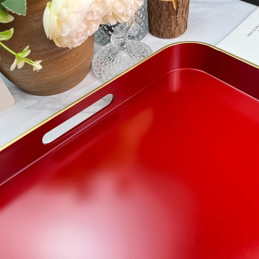 UOEKCS Large Red Tray, Elegant Plastic Coffee Table Tray for Ottoman, Home Decor, Living Room.16.7"*12"*1.6"