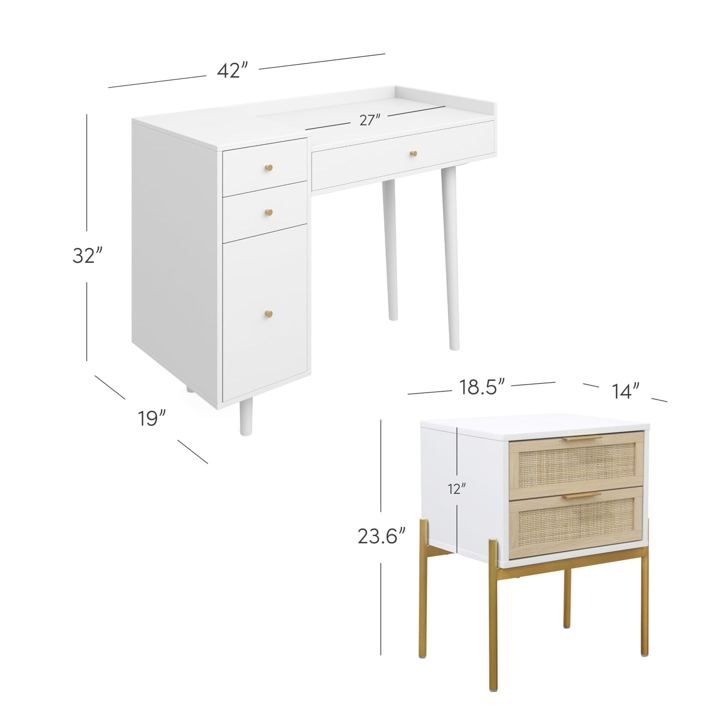 Nathan James Daisy White Desk Wall Unit, Vanity and Nightstand Set, Wood Desk with Drawer and Side Table with Metal Legs and Rattan Accent