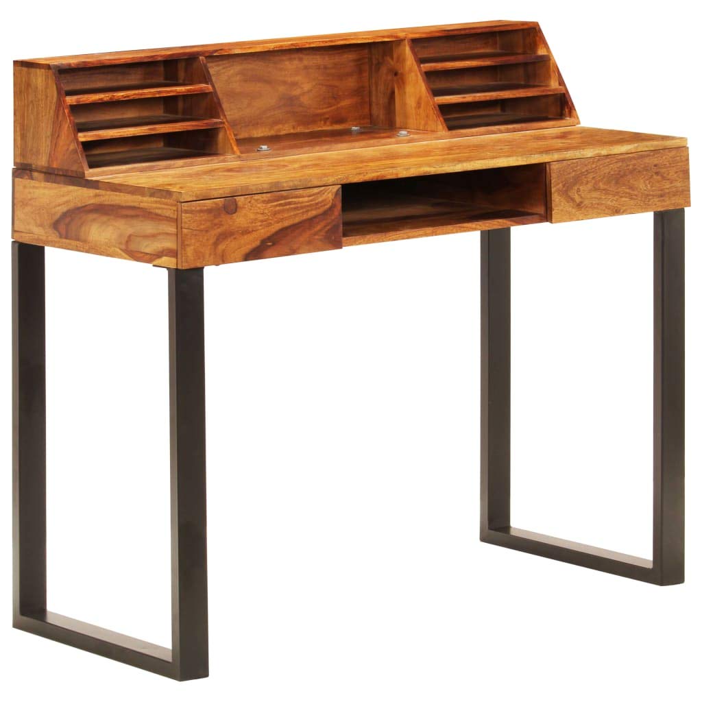 KHNLGFR Solid Acacia Wood Desk with 2 Drawers, Bookshelves and Keyboard Shelf, 43.3"x19.7"x37" Writing Computer Desk with Steel Legs for Home Office