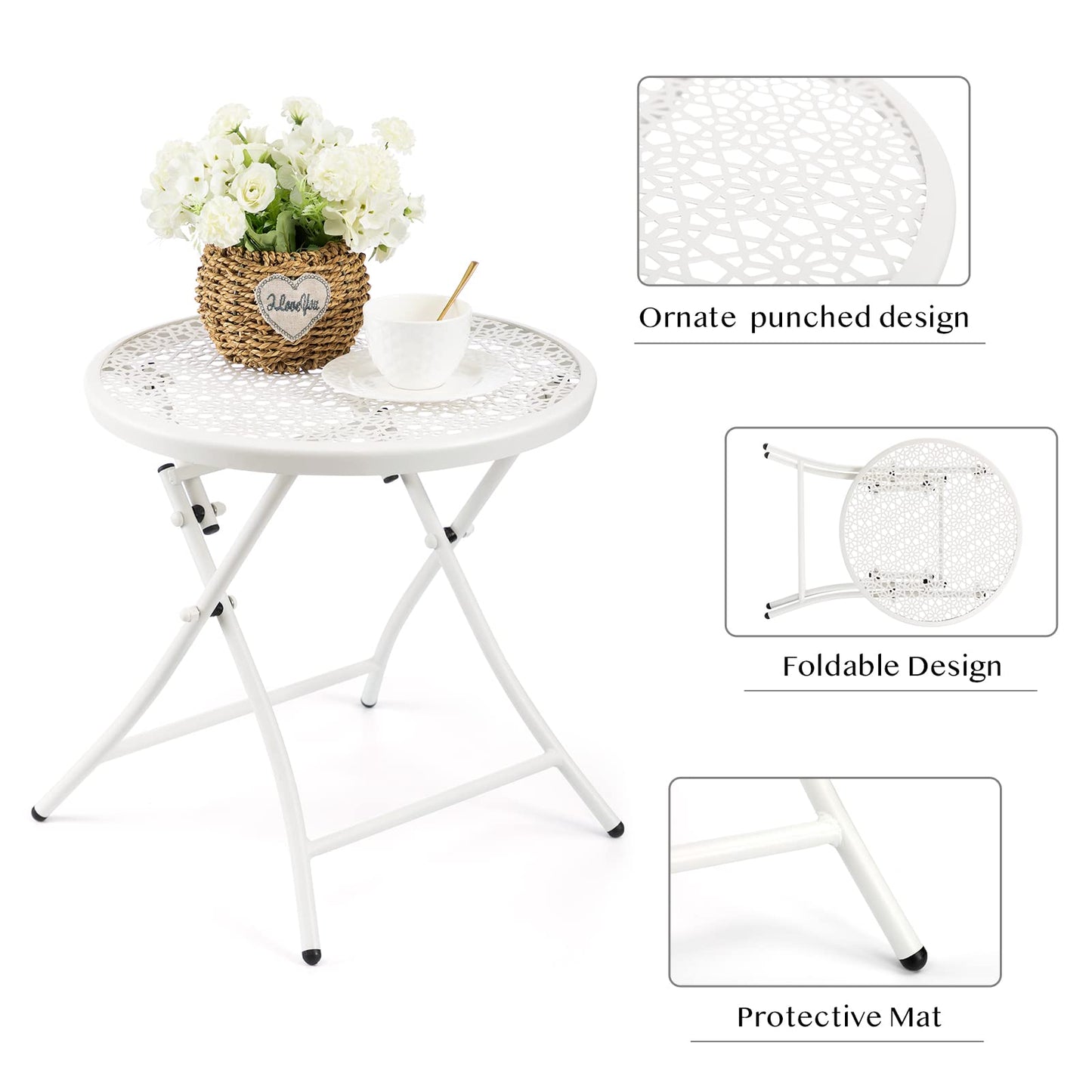 TeoKJ Folding Outdoor Side Tables, Anti Rust Small Patio Table Round Metal Nightstand with Flower Cutouts for Porch Yard Balcony Deck Lawn, White