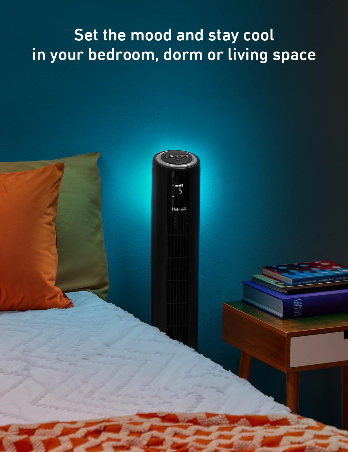 HOLMES 42" Digital Tower Fan with Accent Light, ClearRead Display, High/Low Brightness Level, 90° Oscillation, 5 Speeds, 4 Modes, 8-Hour Timer, Home, Bedroom or Office, Remote Control, Matte Black