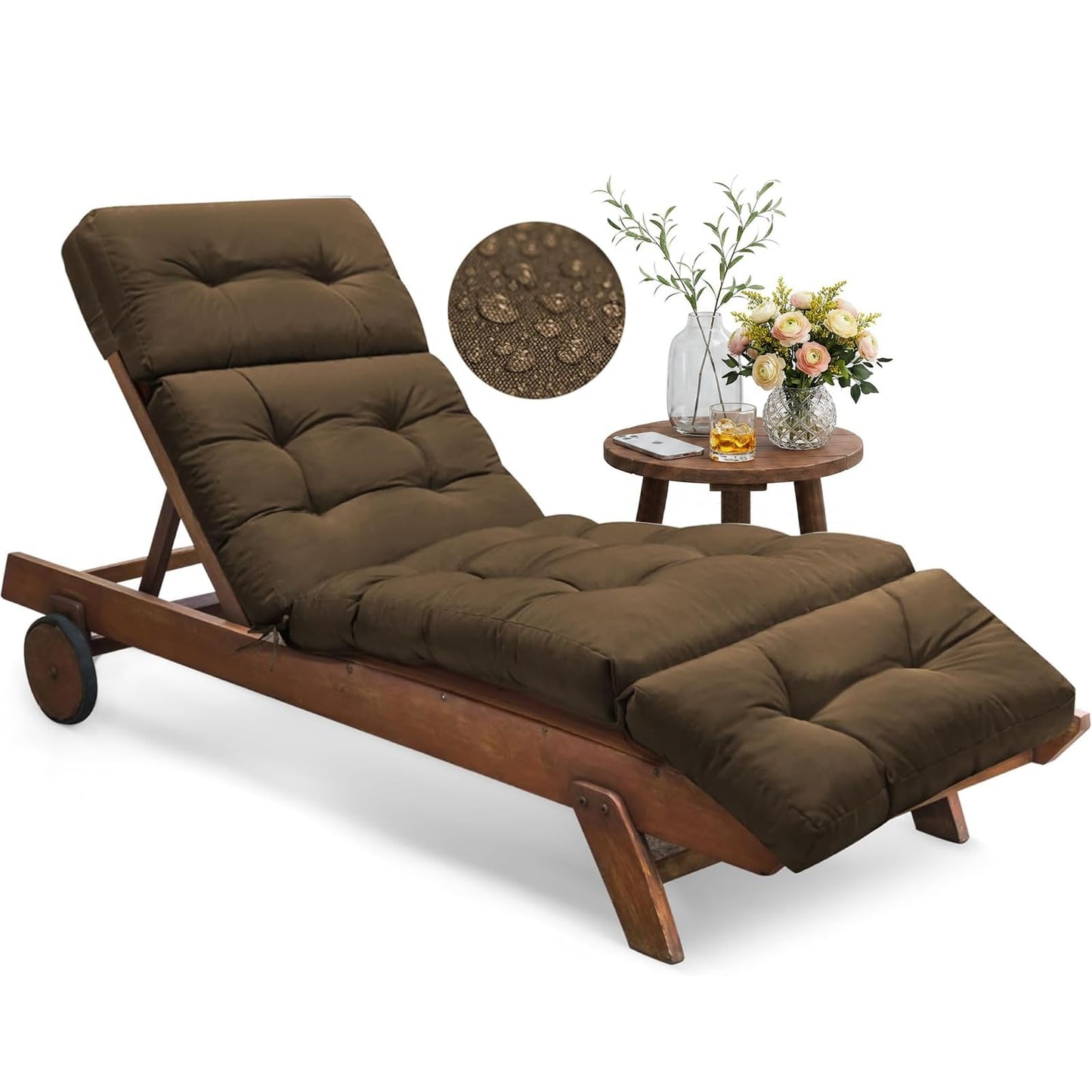 Tycdiose Waterproof Outdoor Chaise Lounge Chair Cushion 74.4 x 22 x 4.7 Inches Memory Foam Lounge Chair Cushions for Outdoor Furniture with Ties, Thickened Pool Chaise Lounge Chair Cushions, Brown