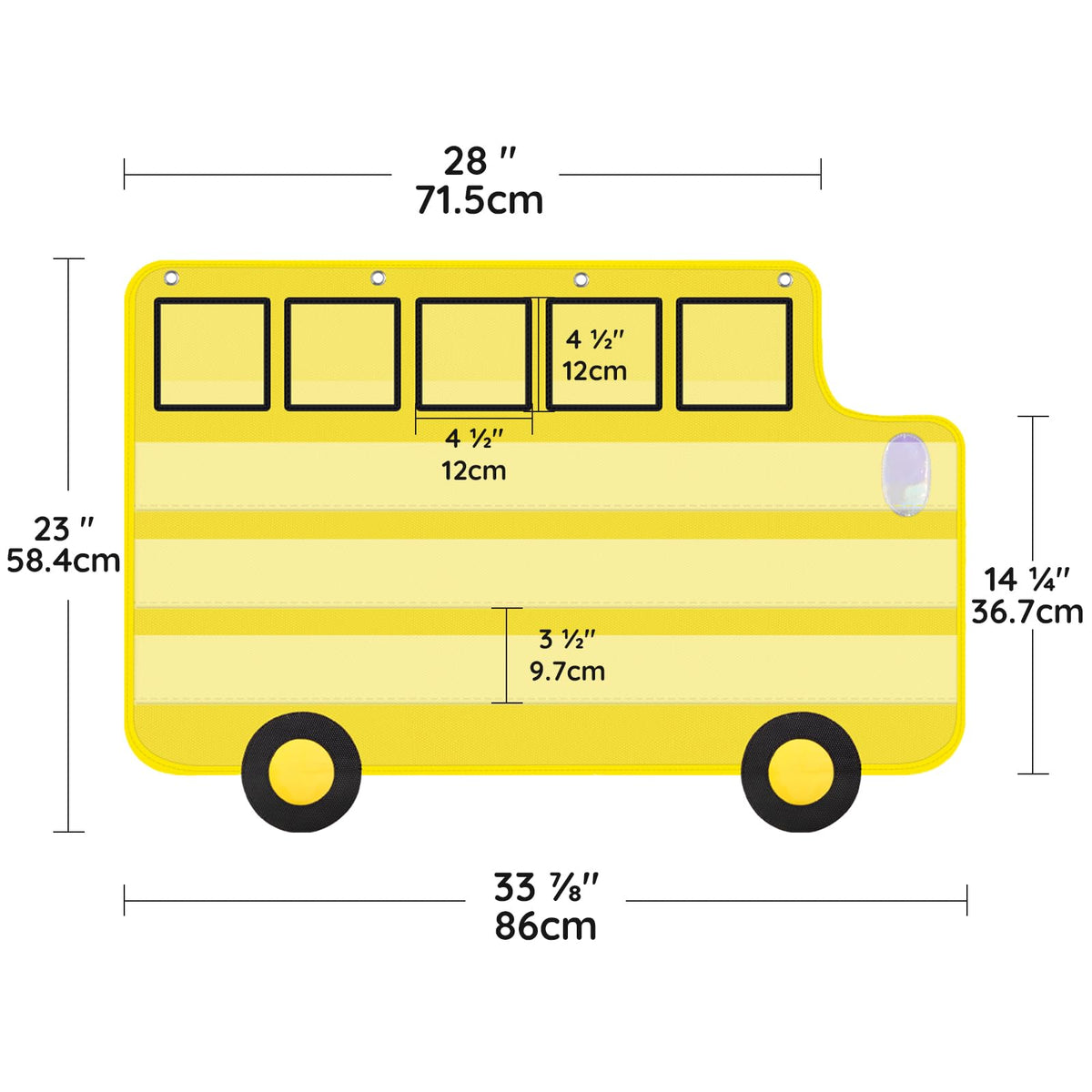Pocket Chart for Classroom, 33 ⅞ " x 22" Large School Bus Shaped Pocket Charts for Kids, Back to School Supplies, Classroom Decor Hanging Pocket Charts with 8 Sentence Strips Holder (Yellow)