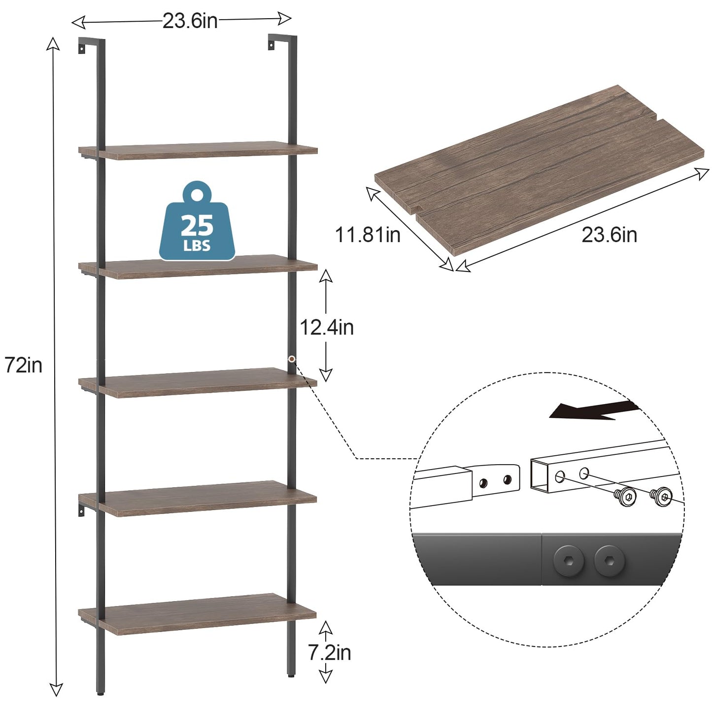 aboxoo Ladder Shelf Open Bookshelf 5-tier Wood Wall-mounted Bookcase Storage Rack Open Back Industrial Modern Plant Flower Stand Utility Organizer Bookcase Metal Frame Furniture Office Kitchen Bedroom