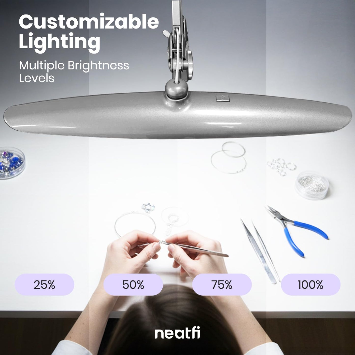 Neatfi XL 2200 Lumens 24W LED Desk Lamp – Shadow-Free Task Lighting | 4-Level Dimming | Home Office & Crafts Use | 20-Inch Wide Head (Silver, Non-CCT with Clamp)
