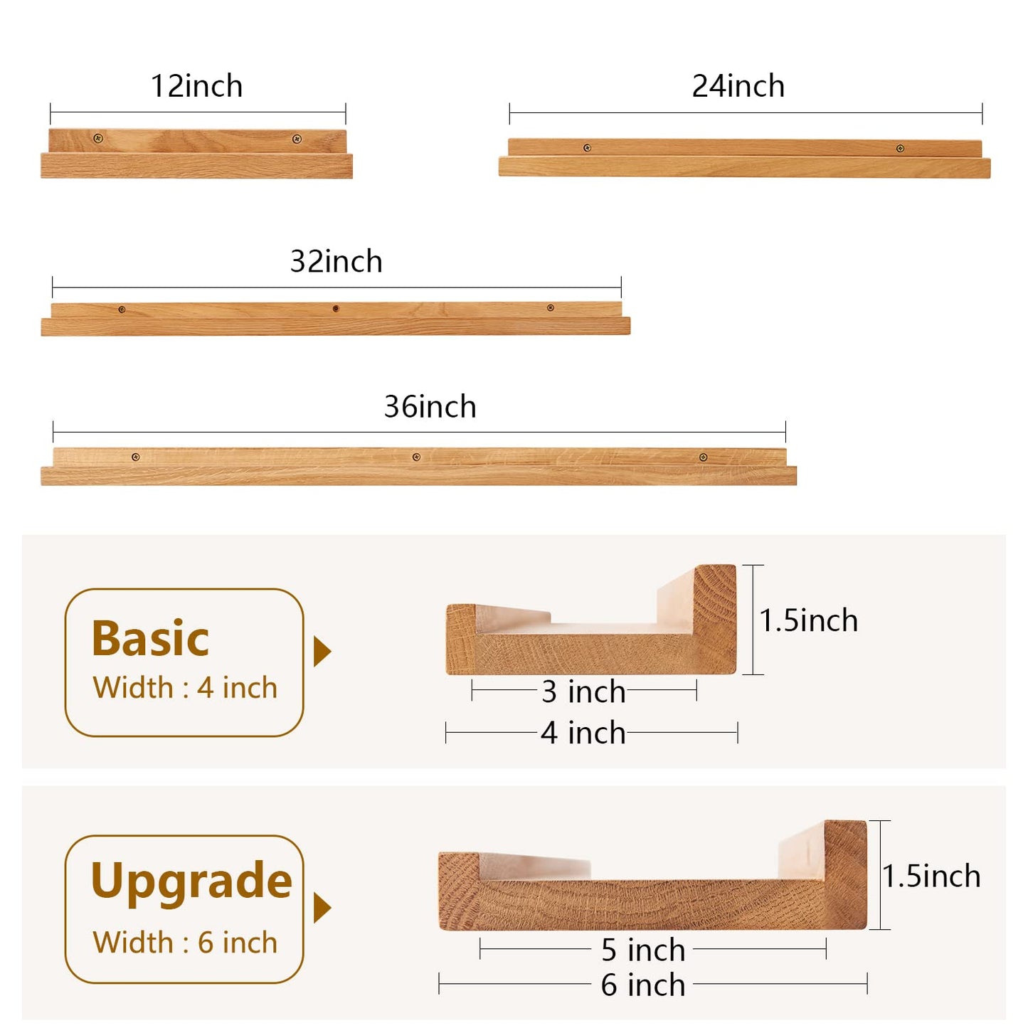 TRWISWDC Floating Shelf for Wall Natural Oak Wood Wall Shelves 36 Inch (Upgrade Width 6"), Display Picture Ledge Shelf for Bedroom Living Room Bathroom Office Kitchen Storage Shelves