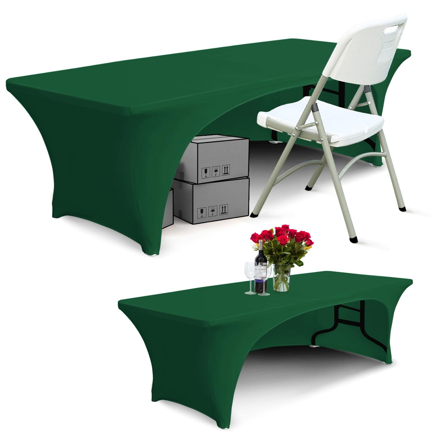 ABCCANOPY 2 Pack 6 ft Spandex Table Cover Open Back Fitted Tablecloth Stretch Washable Tablecover Table Topper for Rectangle Tables Forest Green